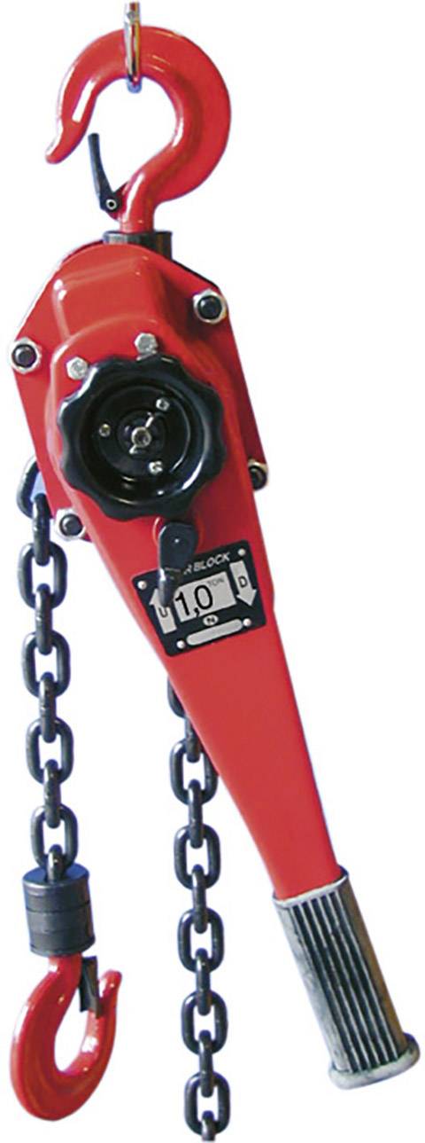 A red chain hoist with a hand lever, black steel chain and hooks at both ends, designed for loads up to 10 tonnes.