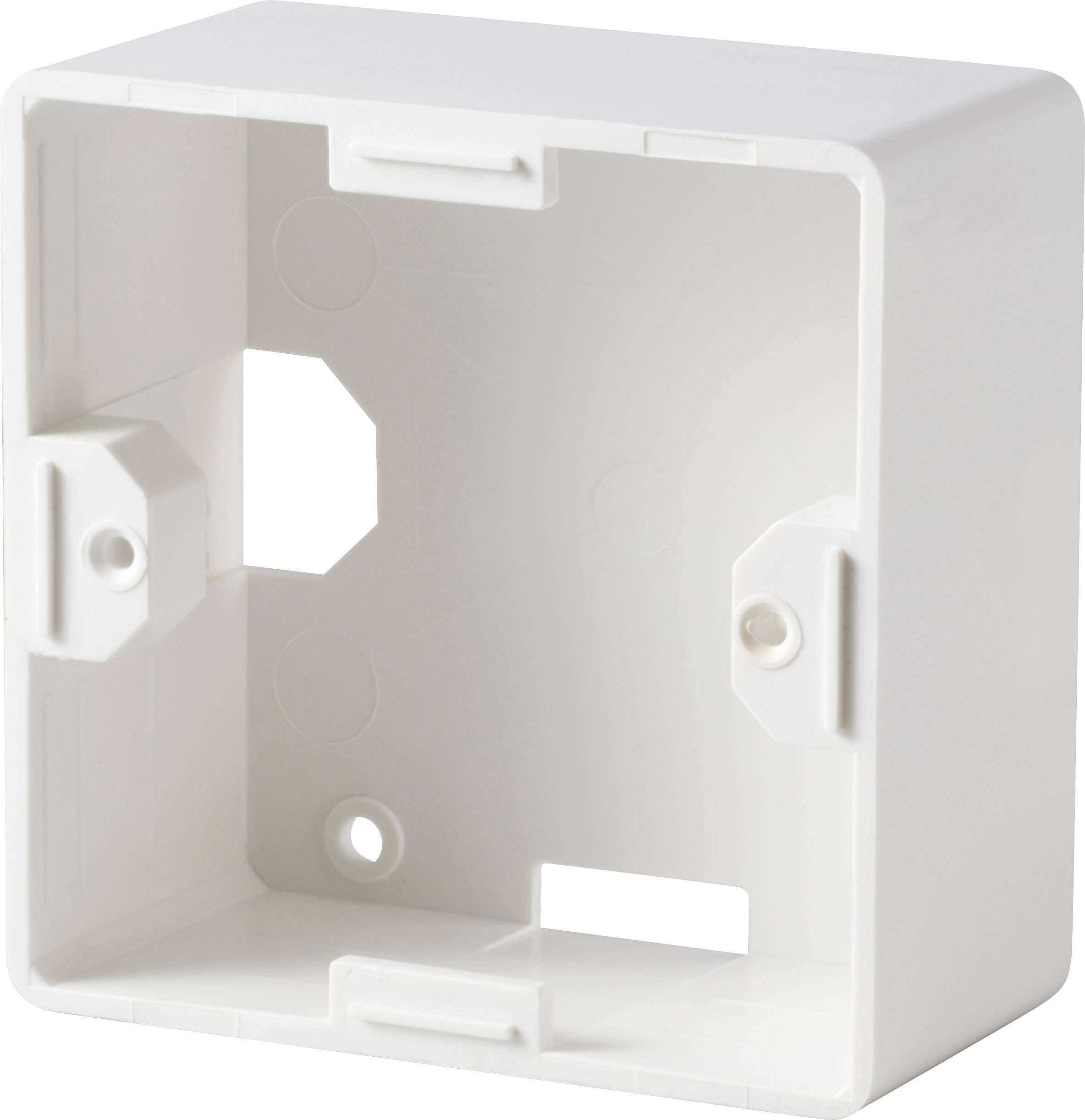 White plastic mounting box with multiple fixing points and openings, suitable for housing and installing electrical components.