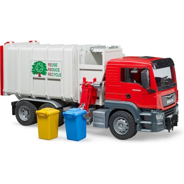 A red refuse lorry lifts two coloured waste bins with a mechanical arm. On the side it reads 'Reduce Reuse Recycle'.