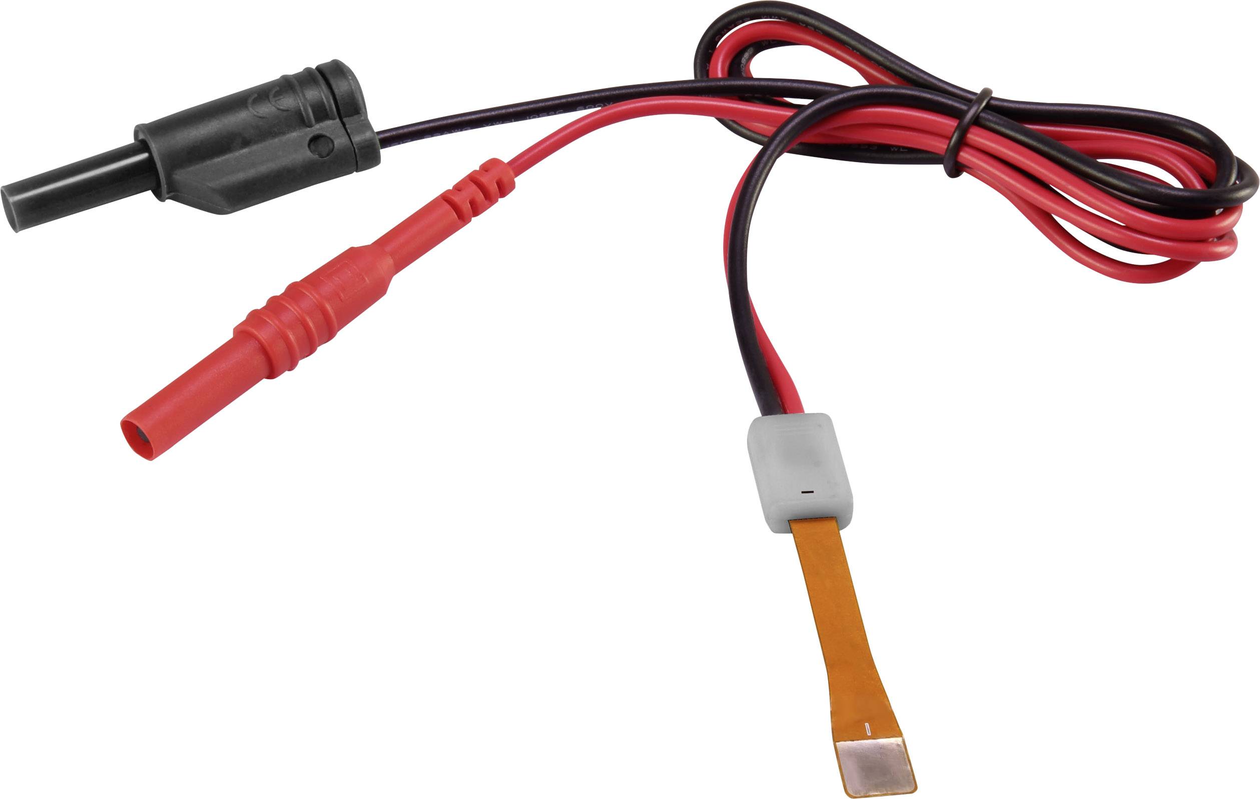 A red and black electrical cable with connectors and a flat metal end, suitable for measuring instruments or electrical devices.