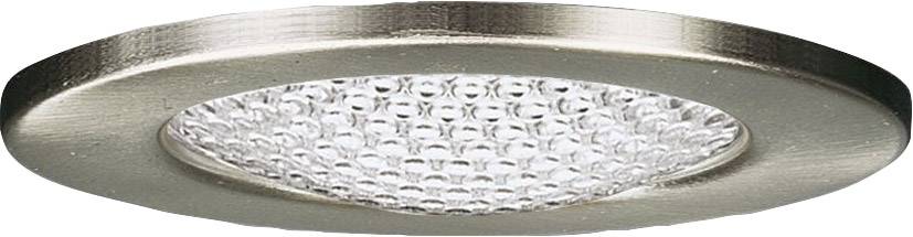 Round ceiling light with silver frame and textured glass cover.