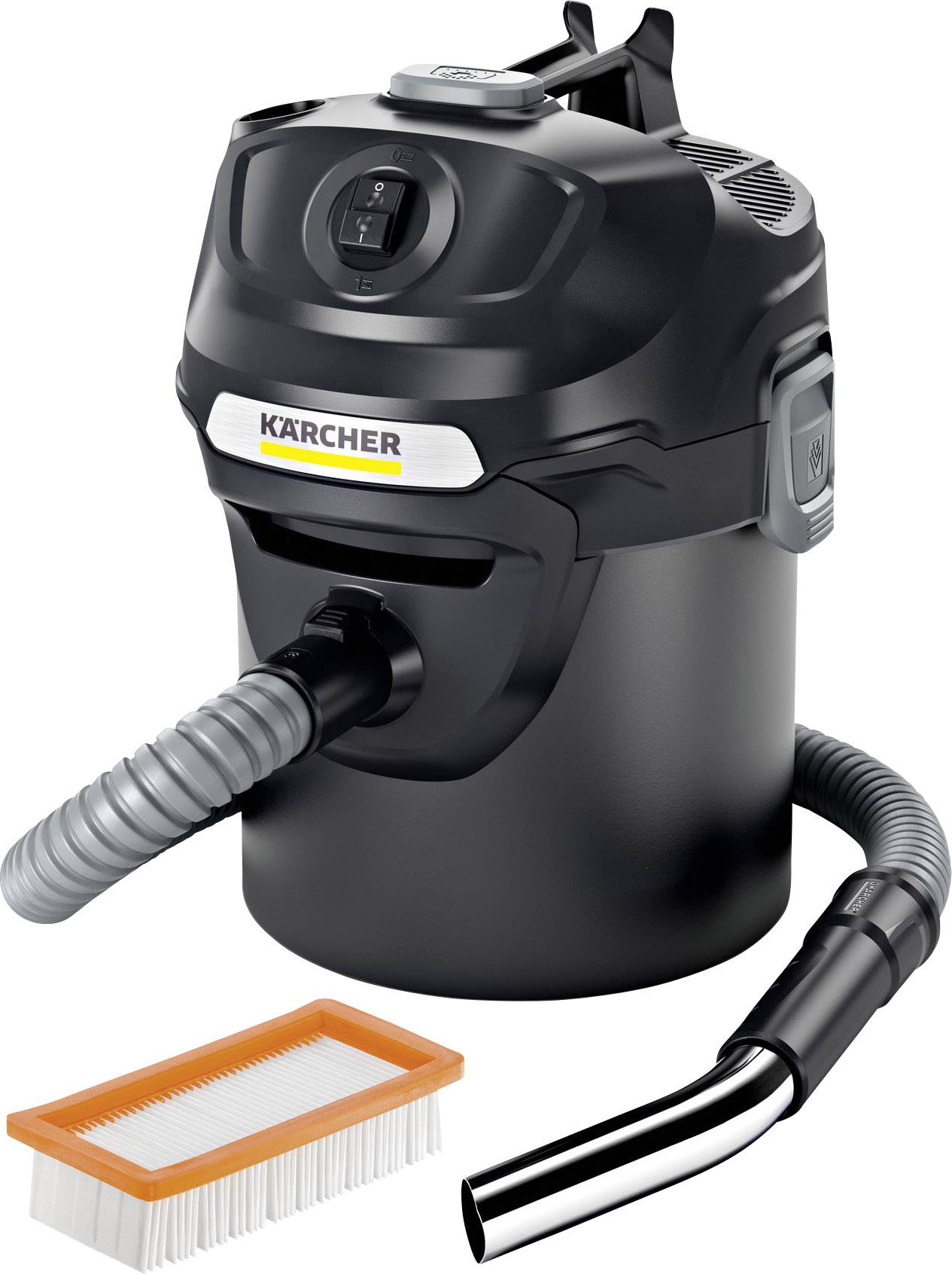 Black Karcher ash vacuum cleaner with flexible hose and metal tube. Filter and brush are placed beside it. Suitable for chimney cleaning.