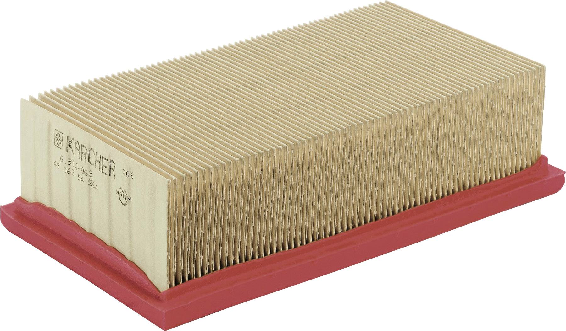 A rectangular air filter with red plastic frames and pleated paper lamellae rests on a white surface.