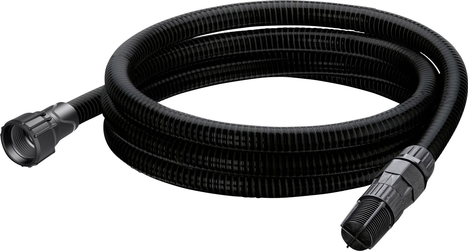 A black, flexible hose with connections at both ends, suitable for water or air systems in technical applications.