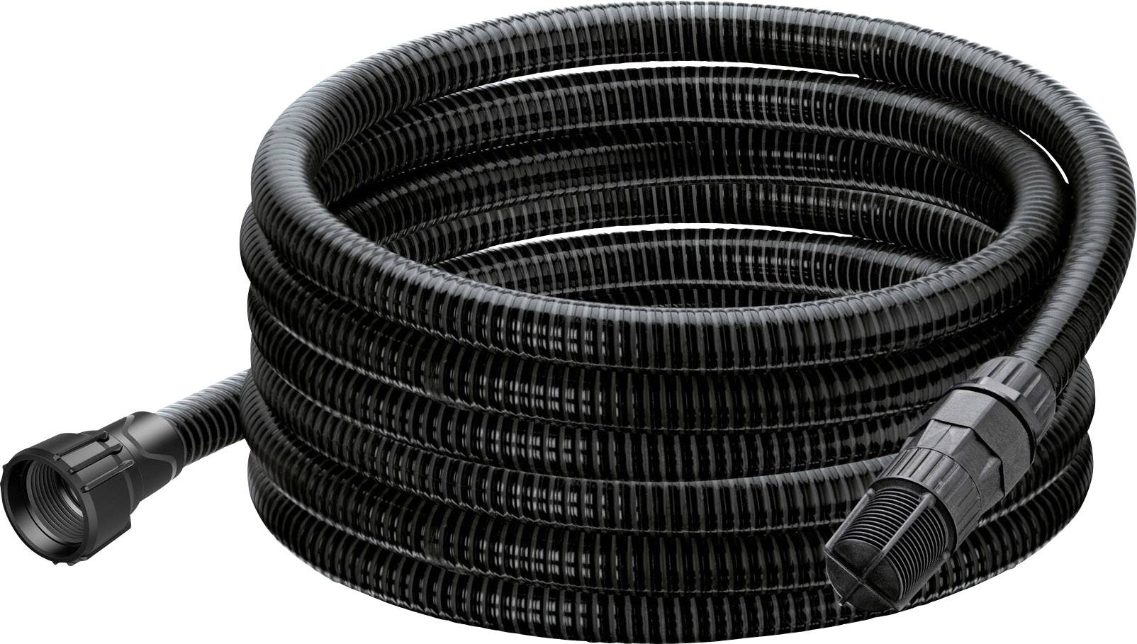 A black, flexible hose with threaded connections at both ends, suitable for use in pumping systems or for irrigation.
