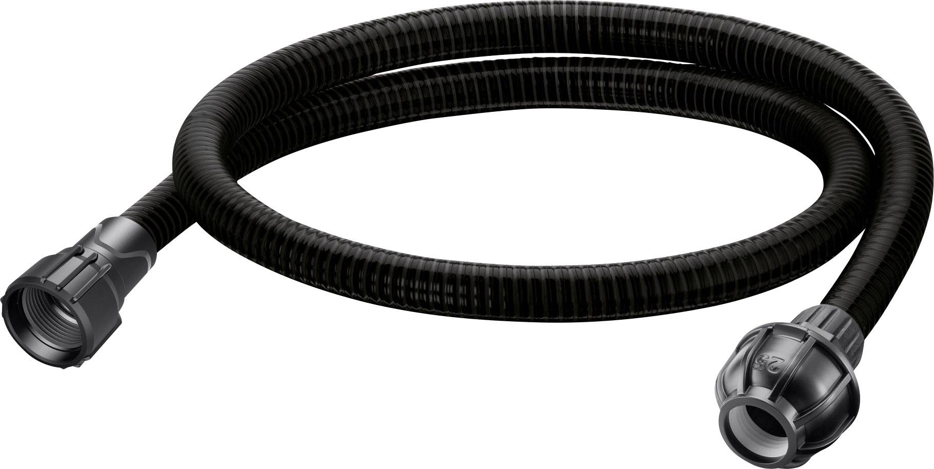 Black flexible hose with fittings at both ends, suitable for household or industrial applications.