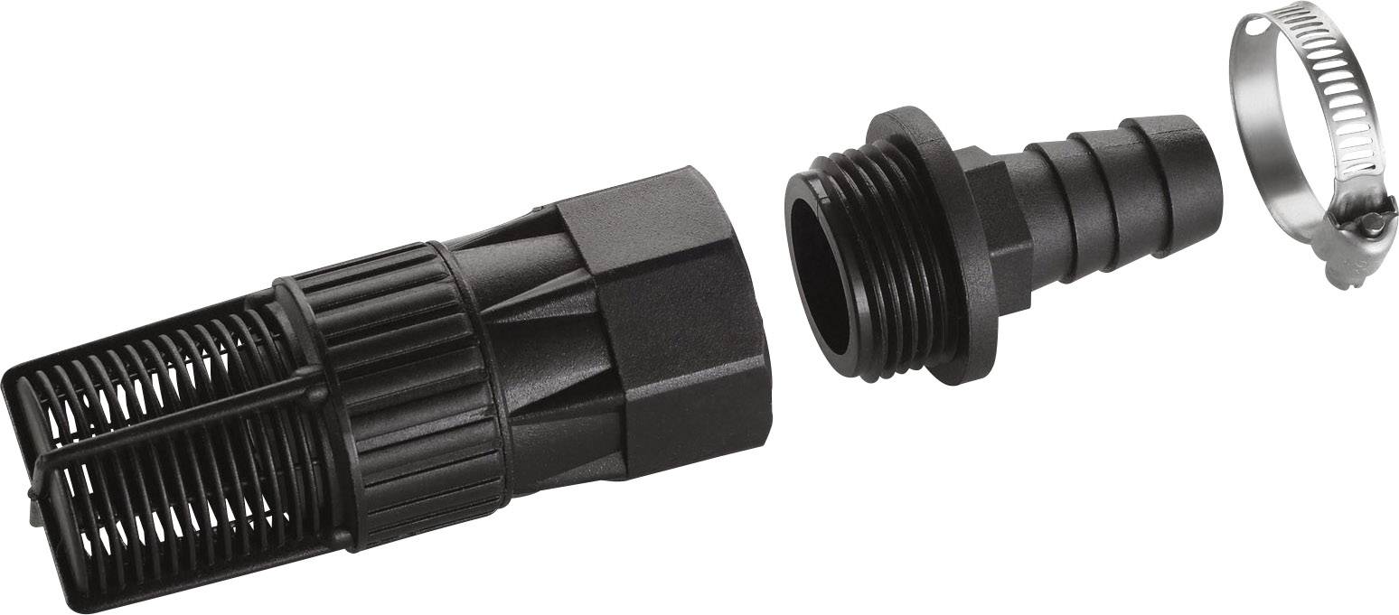 A black plastic filter, an adapter with a threadless end, and a metal clamp being shown separately.