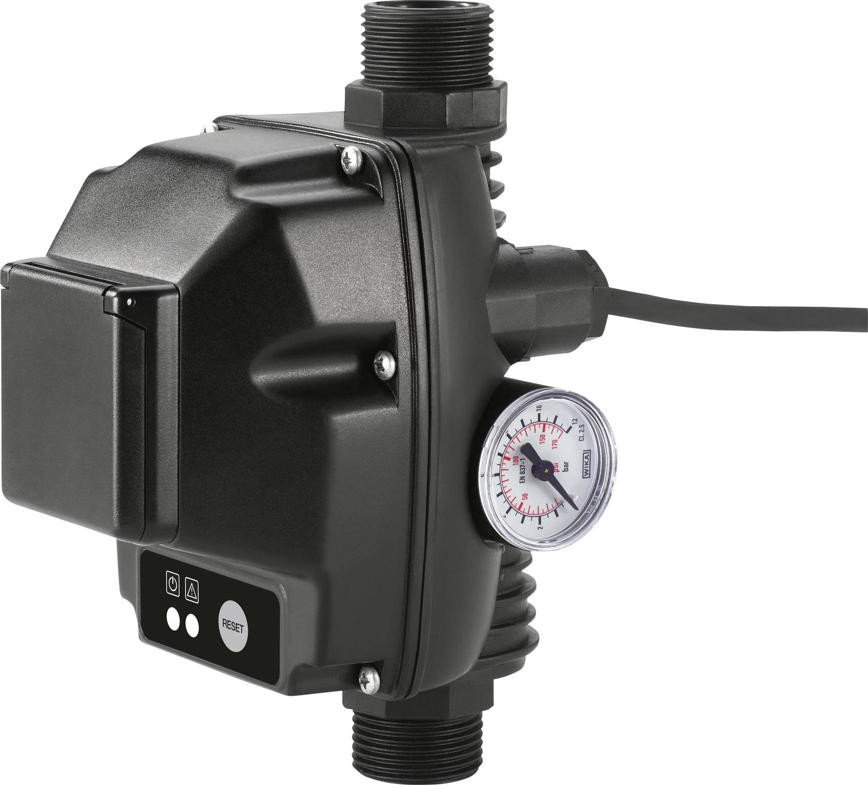 A black pressure switch for water pumps with pressure gauge and reset button. Device for monitoring water pressure in systems.