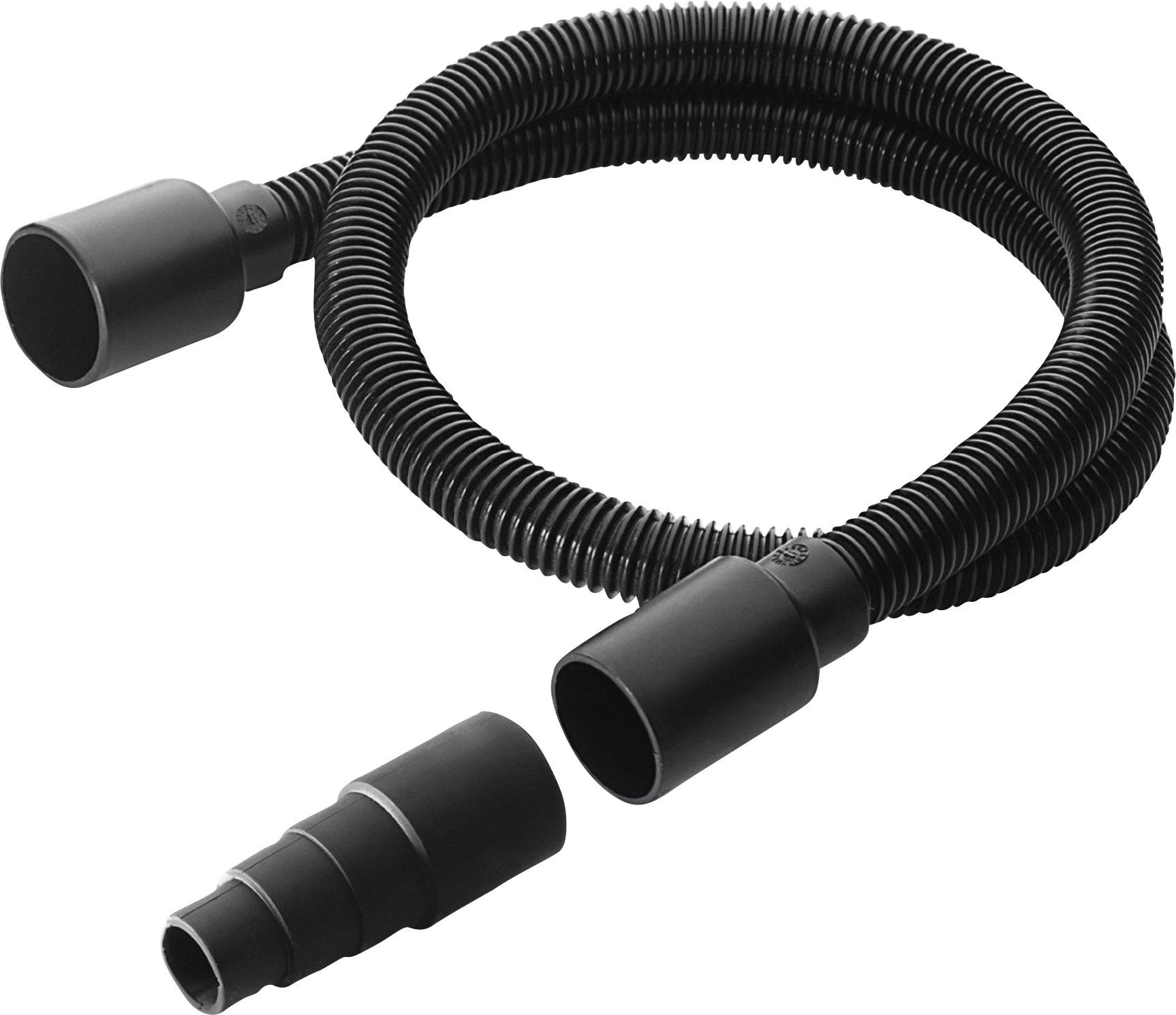 A black, flexible vacuum cleaner hose with a detachable nozzle, shown in two parts.