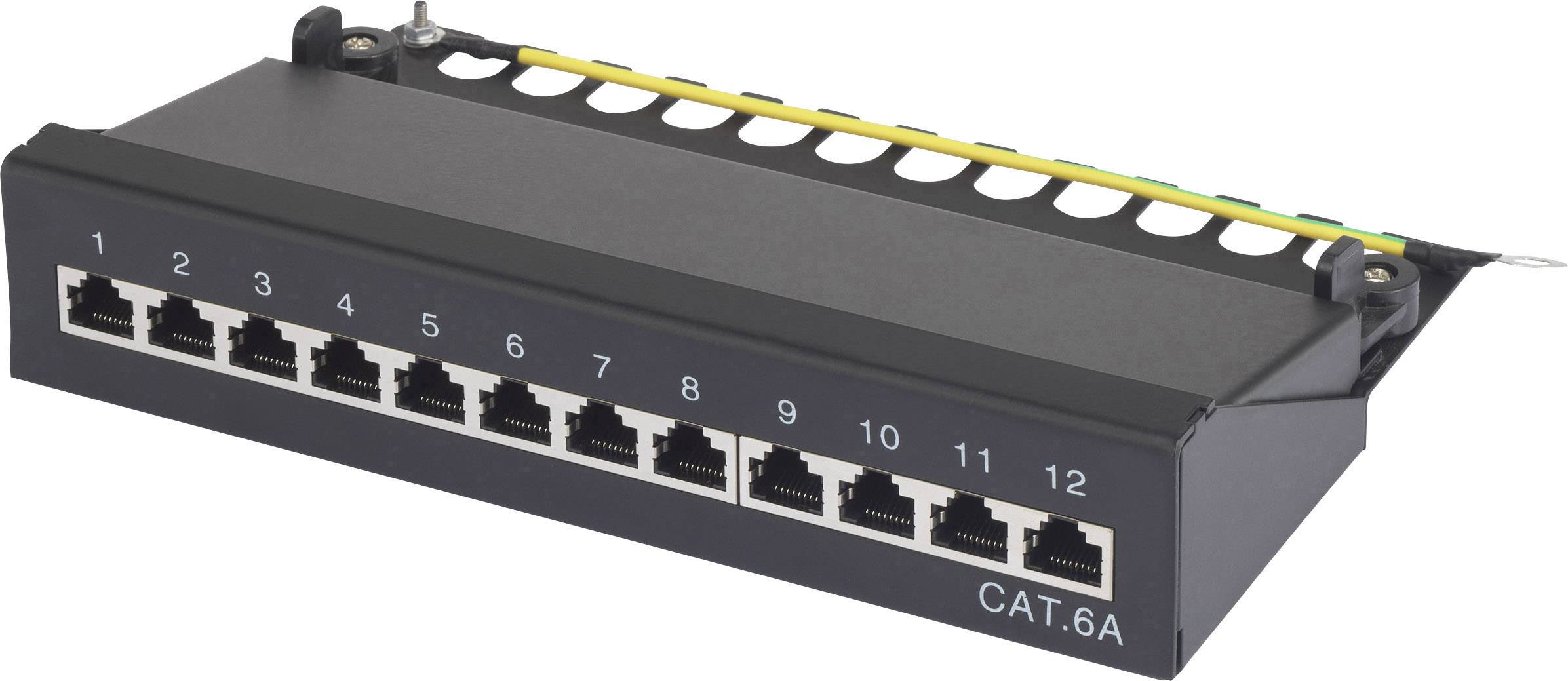Patch panel with 12 Ethernet ports, numbered from 1 to 12, for network installations. Cat. 6A standard shown.