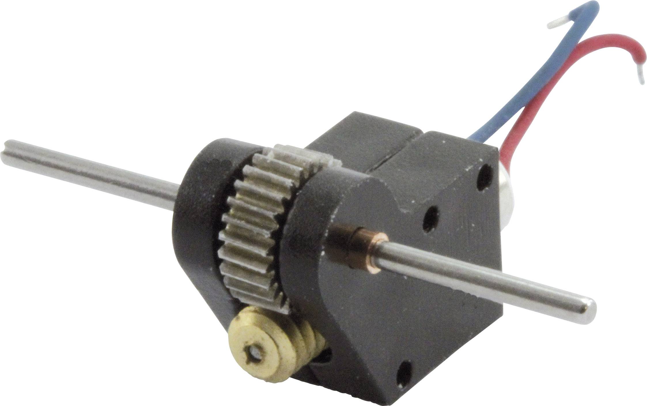 Small DC motor with gearbox and protruding axles. Two wires, red and blue, are connected for power supply.