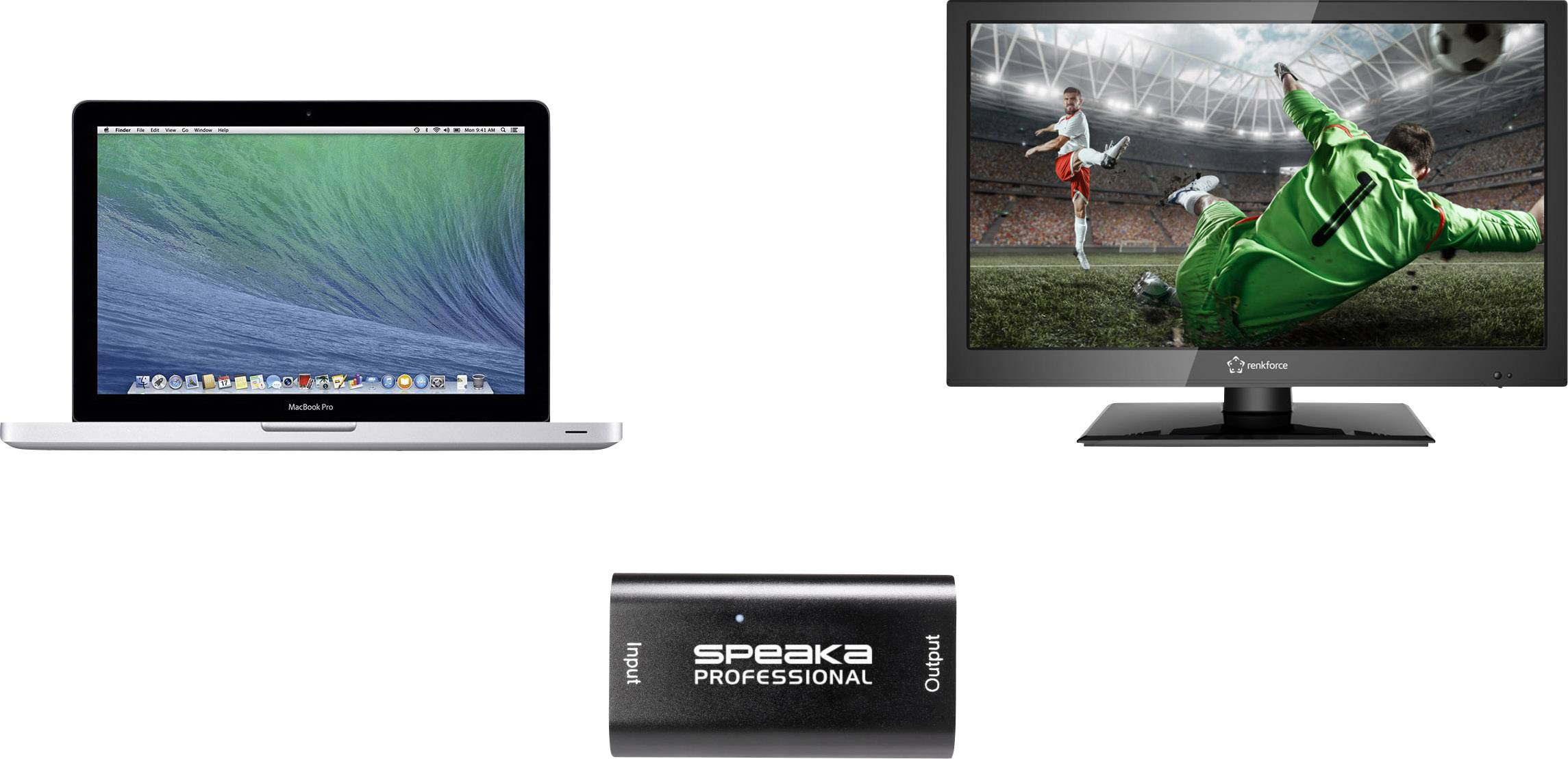 Laptop, television with football match, and HDMI-to-analogue converter.