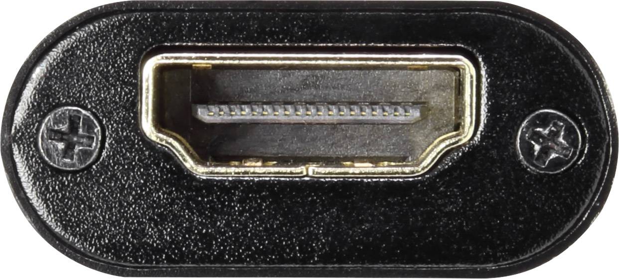 Close-up of an HDMI port with a black frame and gold contacts.