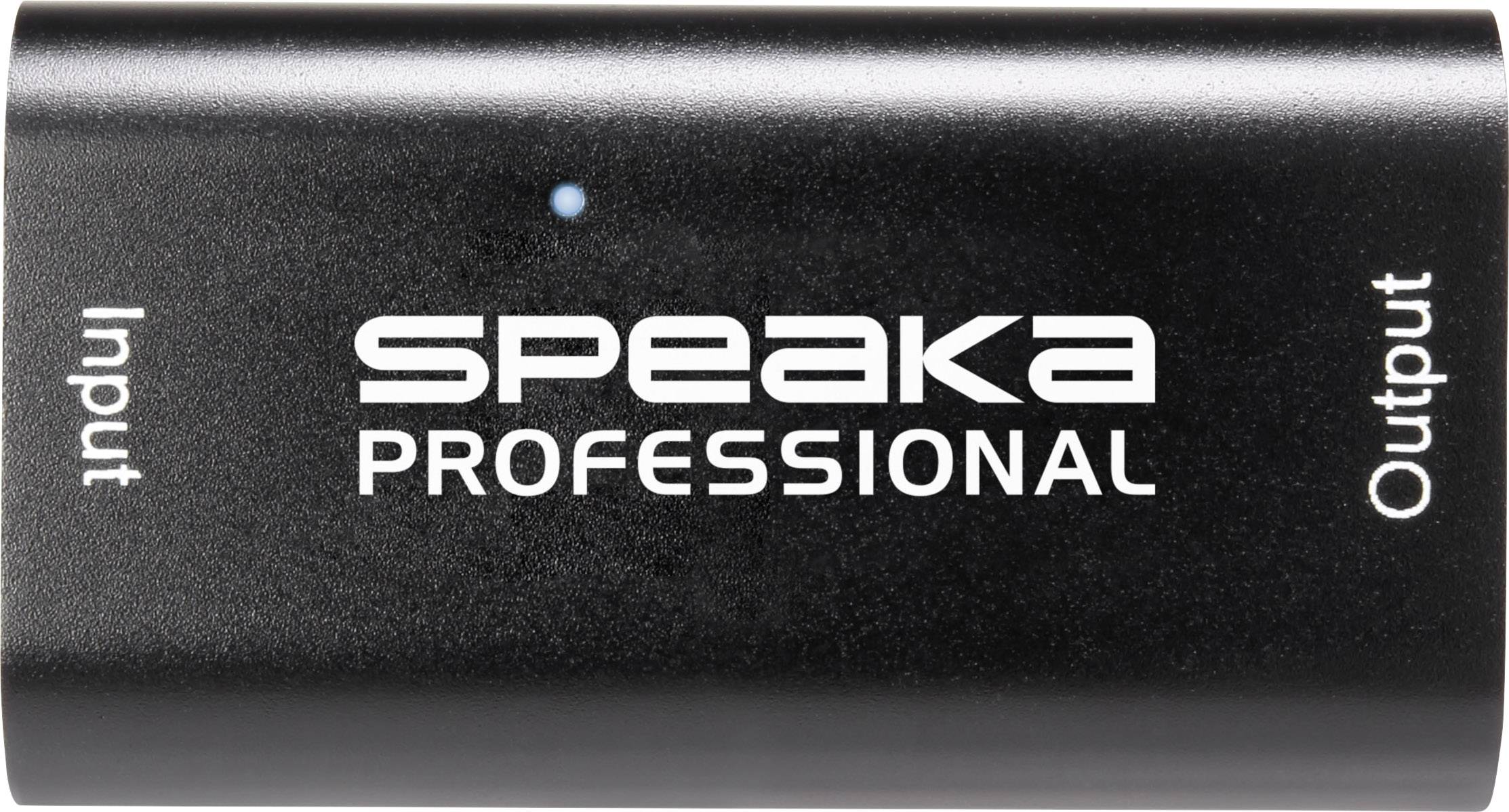 A black audio adapter with the inscription 'Speaka Professional' and labels 'Input' and 'Output' on the sides.
