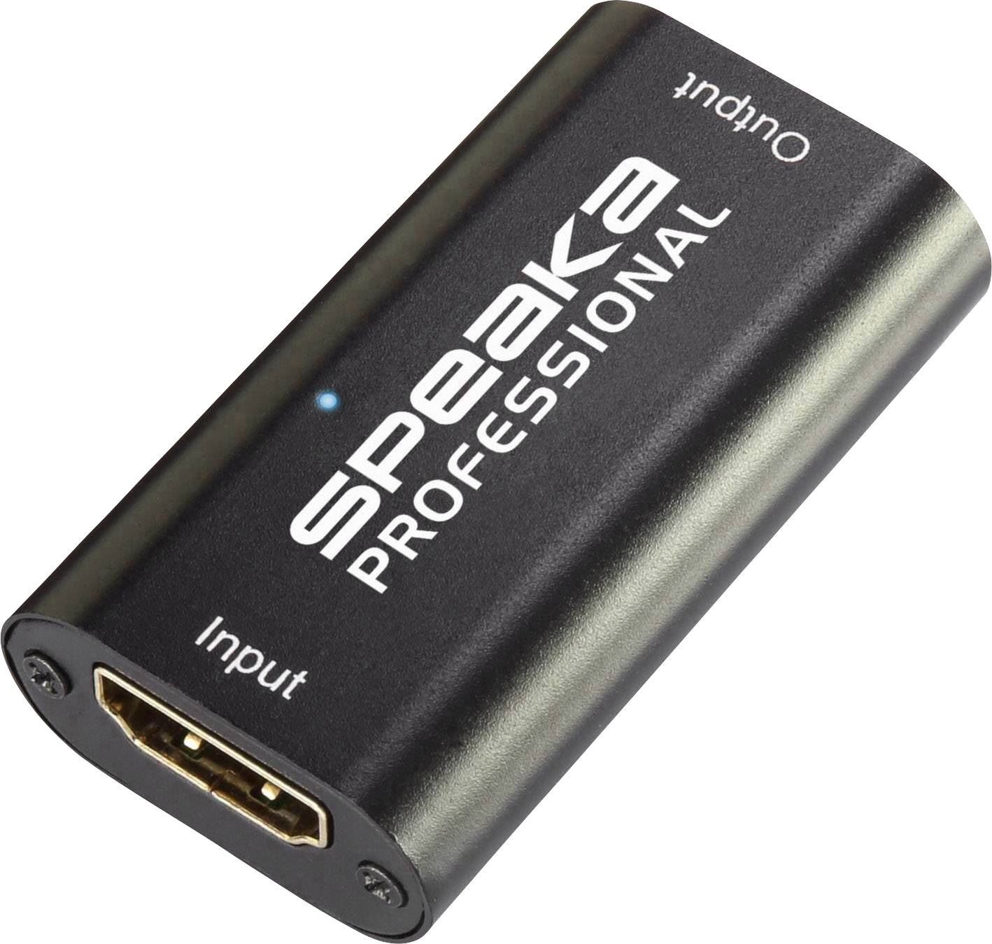 Adapter by 'SpeaKa Professional' with HDMI ports and inscription '4K @ 60 Hz'. The adapter has a range of 20 m.