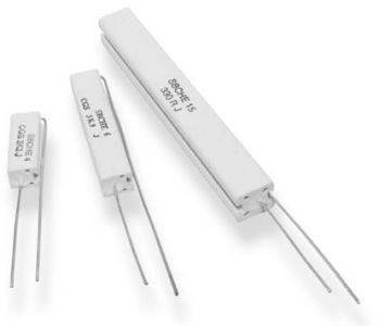 Three white resistors of different sizes with metal terminals, labels showing different values.