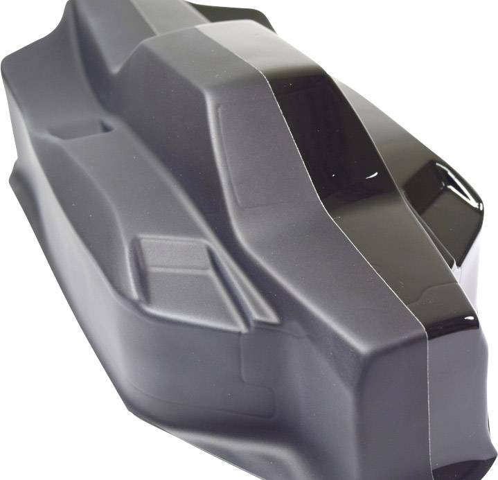 Black, aerodynamically shaped plastic box in the form of a vehicle, possibly for wind tunnel tests or model building.