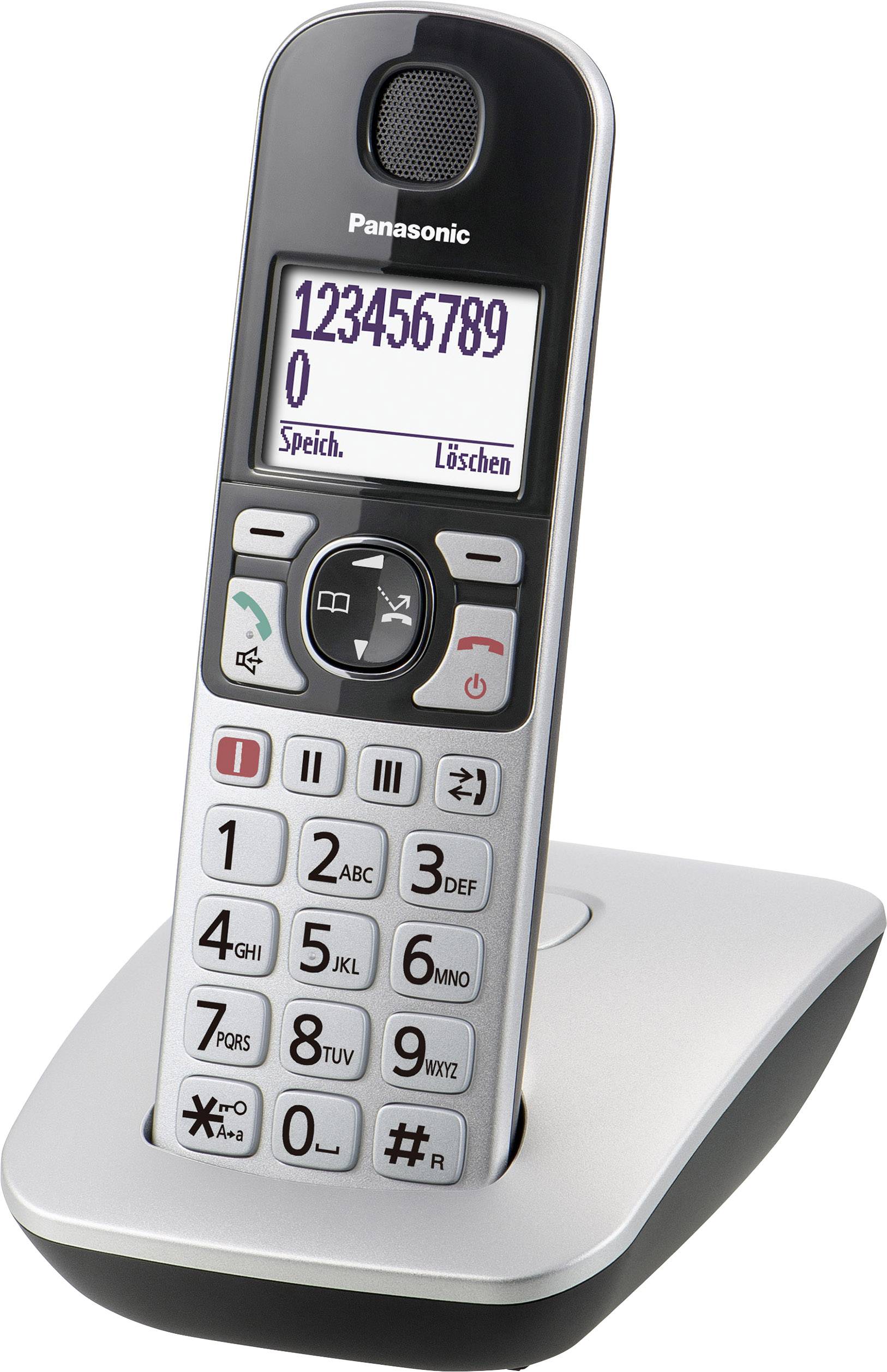 Cordless telephone on charging station, with number pad and display showing '123456789'. Call and volume control buttons visible.