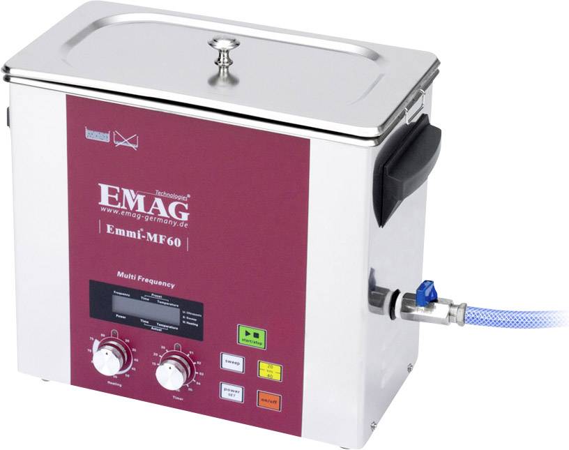 Ultrasonic cleaning device 'Emmi-MF60' with red front panel, rotary dial and digital display, used for thorough cleaning with water and cleaning solution.