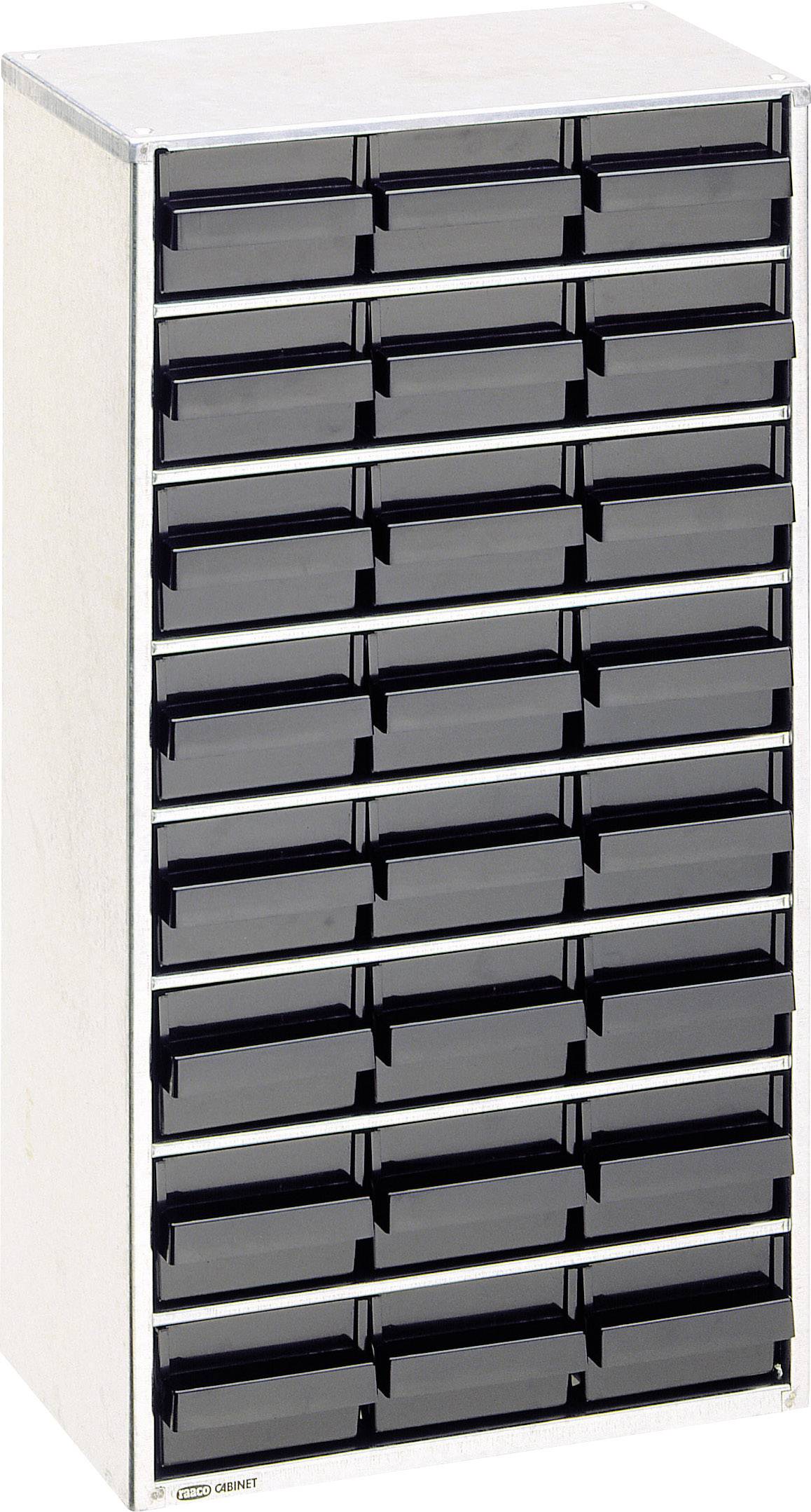 Metal cabinet with 30 small, black drawers, ideal for storing small items in a workshop or household.
