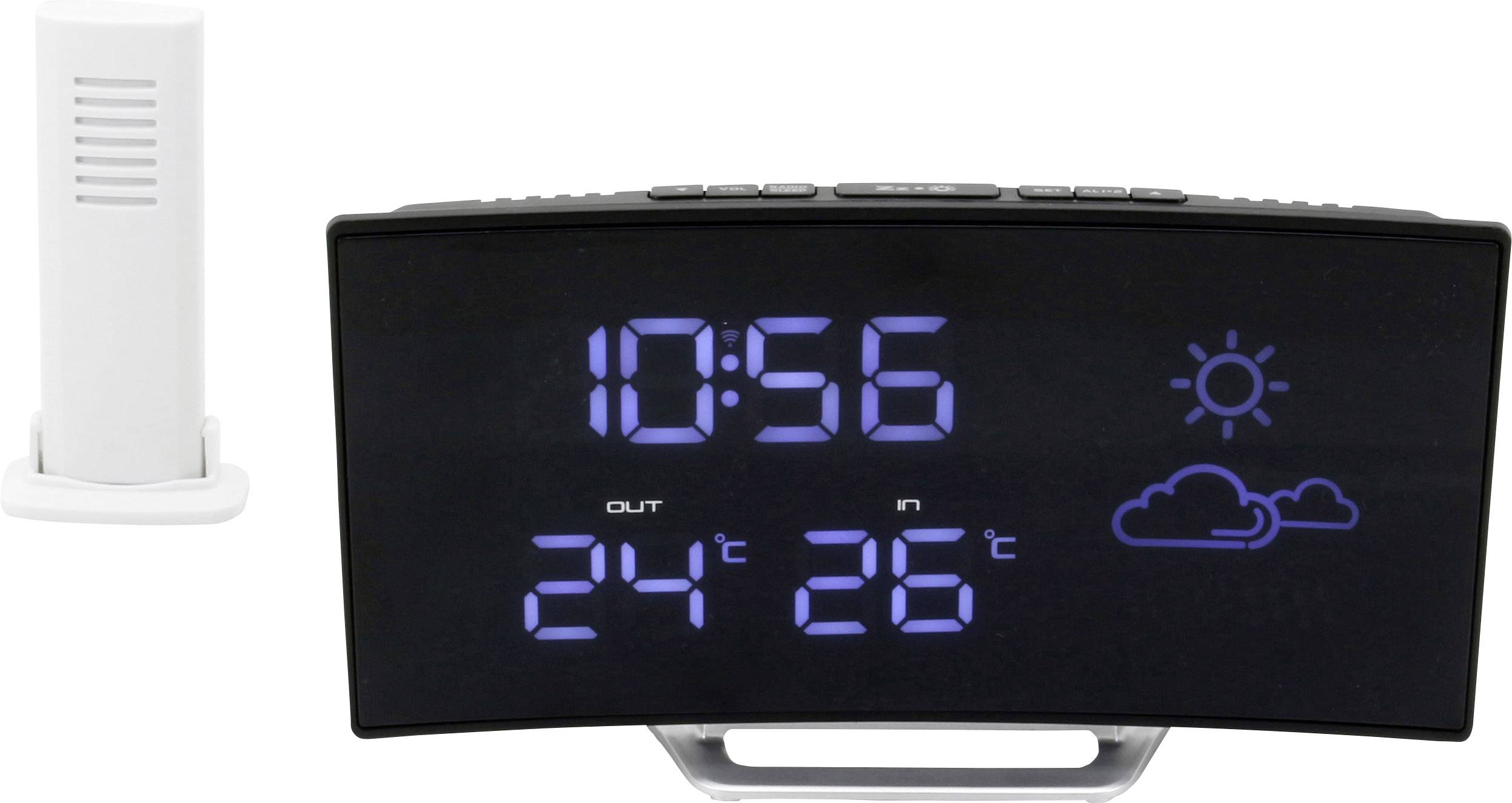 Digital alarm clock shows 10:56 and temperature: outside 24°C, inside 26°C. Symbols: sun and clouds. Small sensor on the left.