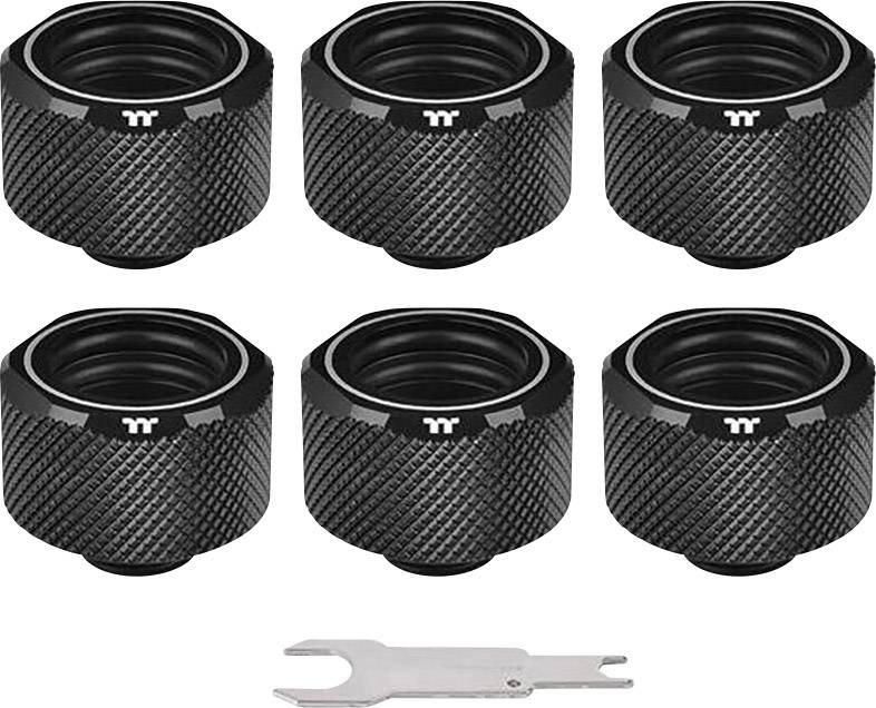 Six black, knurled screw closures and a silver tool lie side by side. Suitable for water or cooling seals.