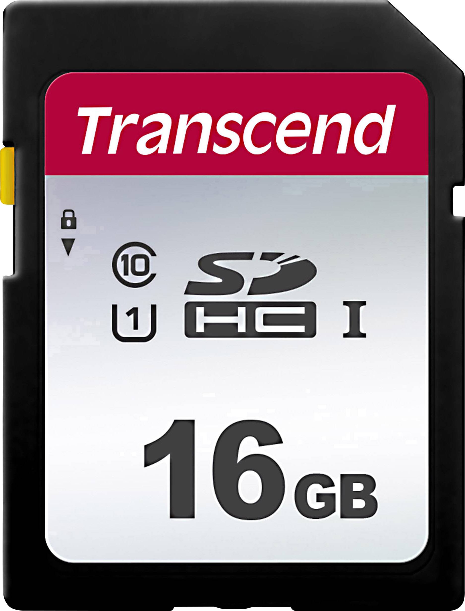 16 GB SD card from Transcend, suitable for UHS-I devices, Class 10 for rapid data transfer.