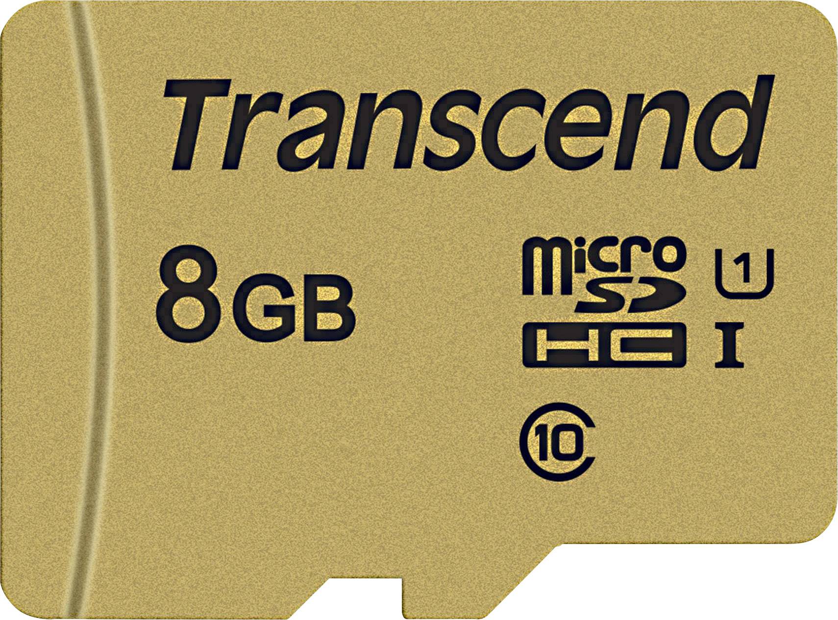 Golden Transcend 8 GB microSDHC card, Class 10, with UHS-I support, suitable for fast data transfer and storage.