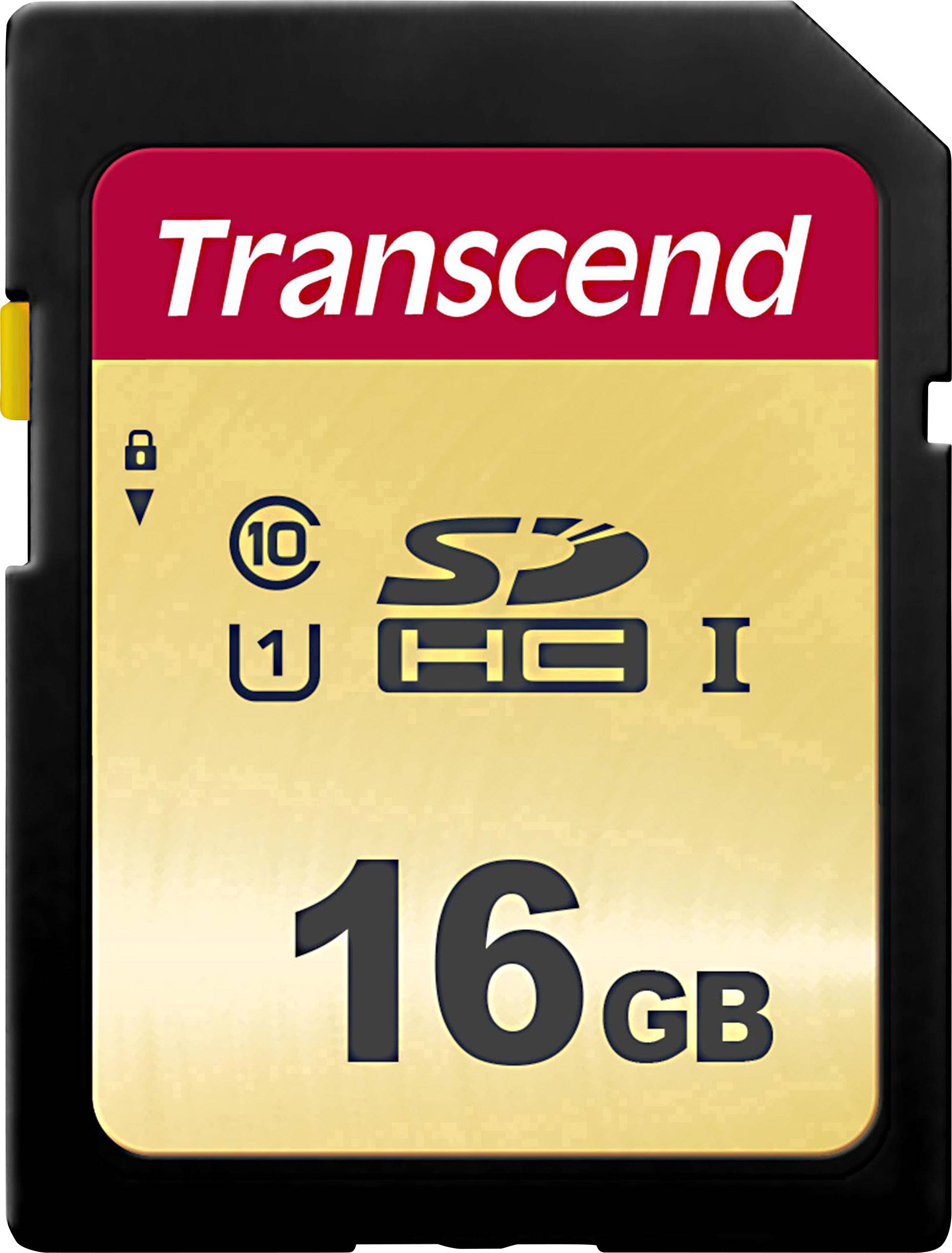 SD card with 16 GB storage capacity and the label 'Transcend'. It displays speed and type symbols: C10, U1, SDHC.