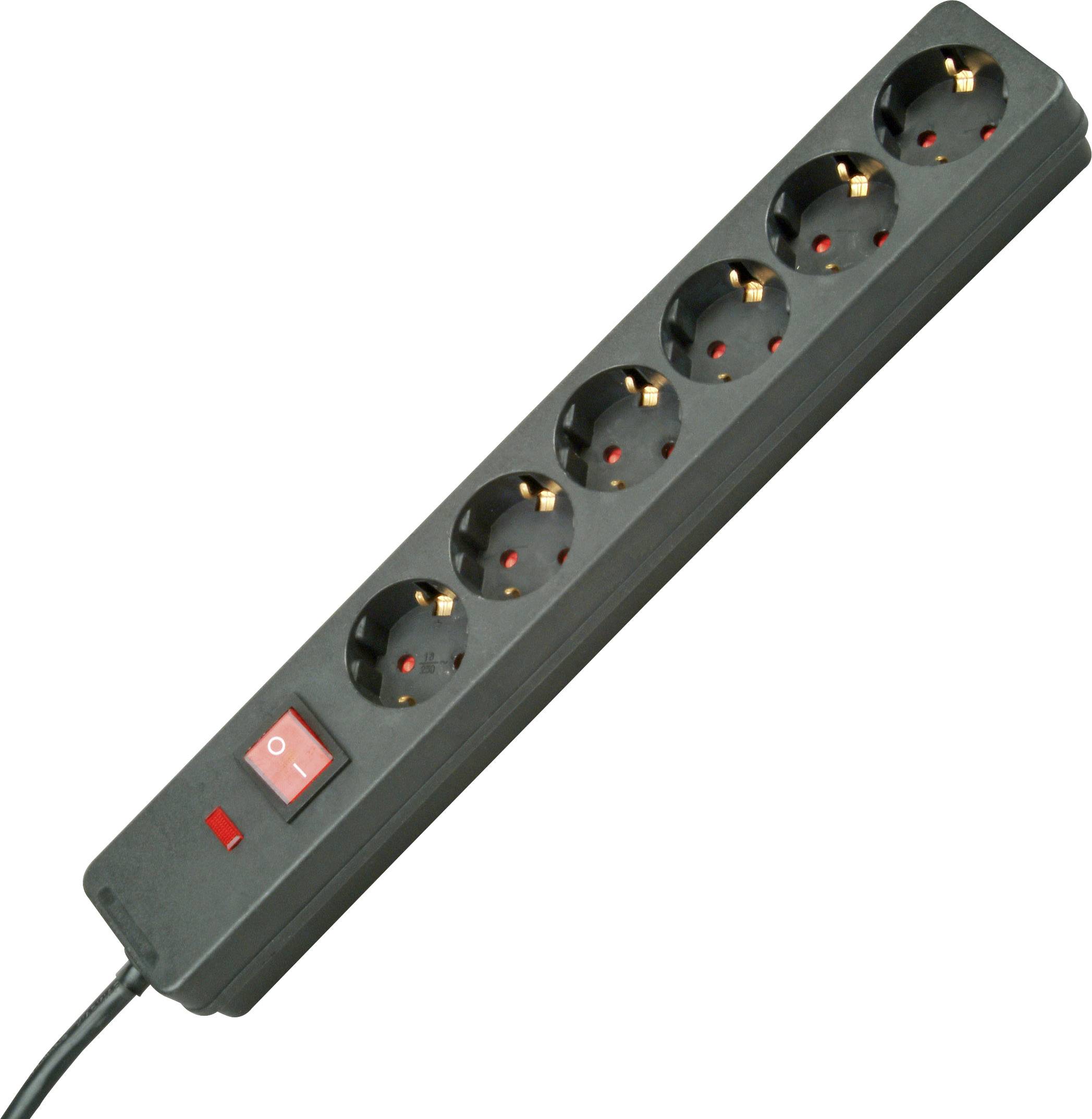 Black power strip with six socket outlets and a red power switch on the left, power cable on the left side.