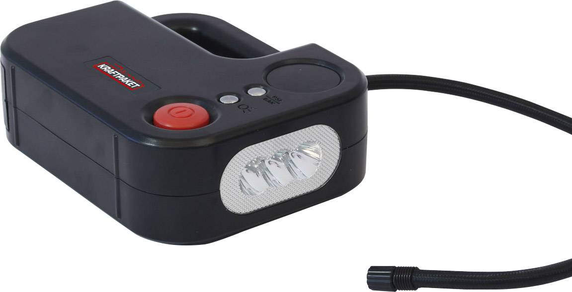 Compact, black electric compressor with integrated handle and small display. Includes a pressure gauge and hose nozzle.
