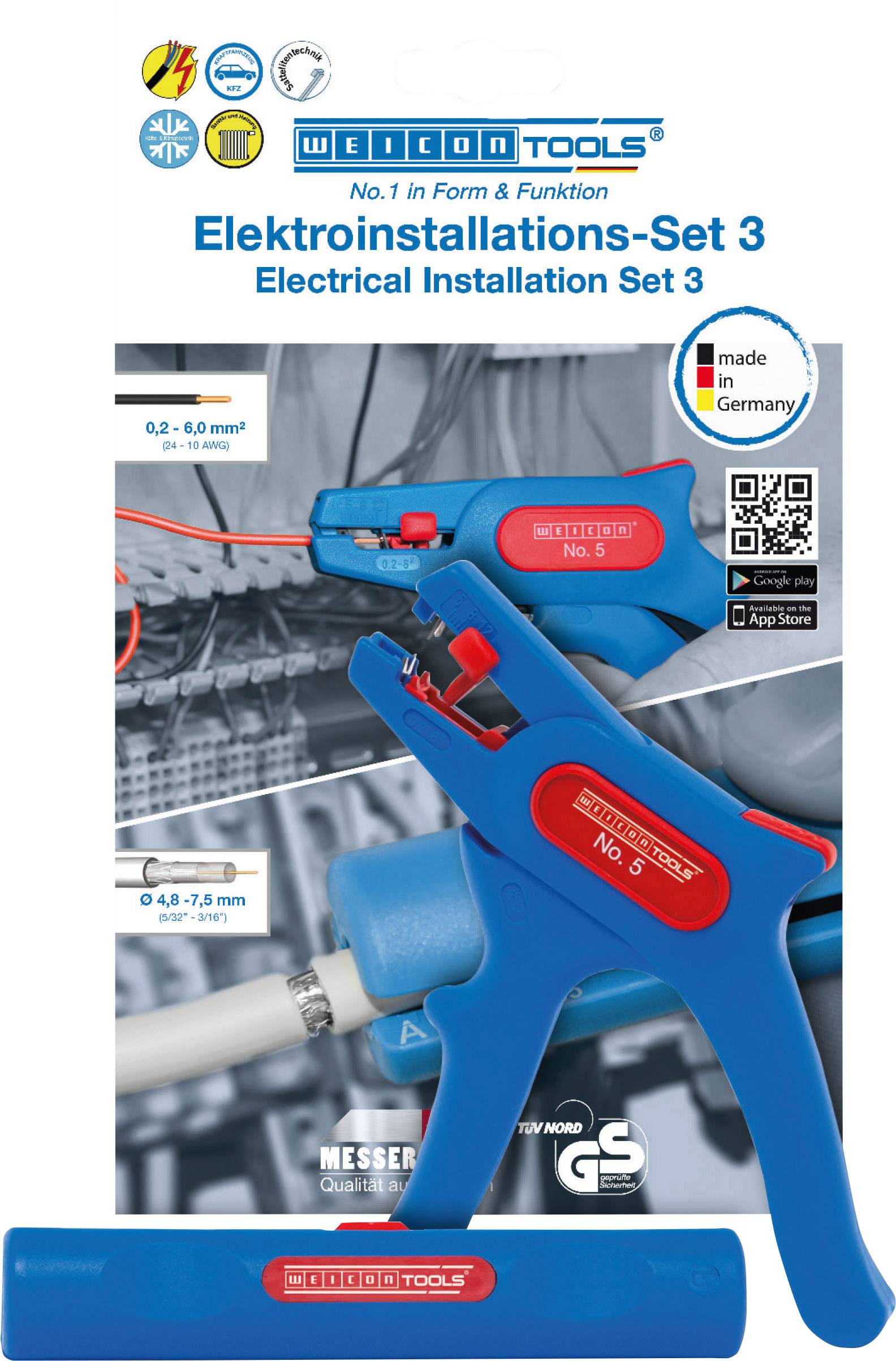 Electrical installation set with two blue wire stripping tools, ideal for cables ranging from 0.2-6.0 mm² and 4.8-7.5 mm², manufactured in Germany.