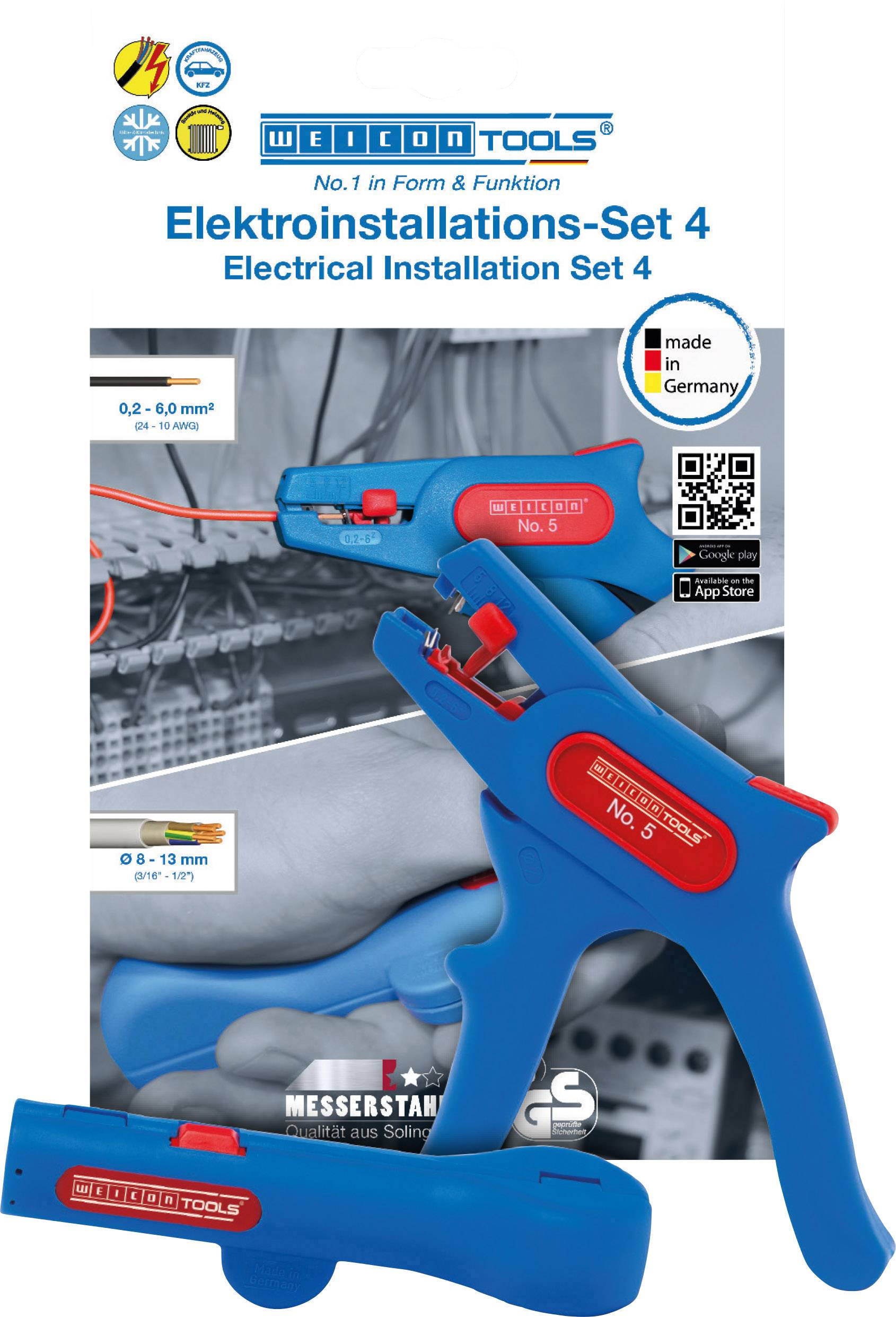 Electrical Installation Set 4 by Weicon Tools: Includes cable knife, wire strippers and cable stripper. Product details and QR code. Made in Germany.
