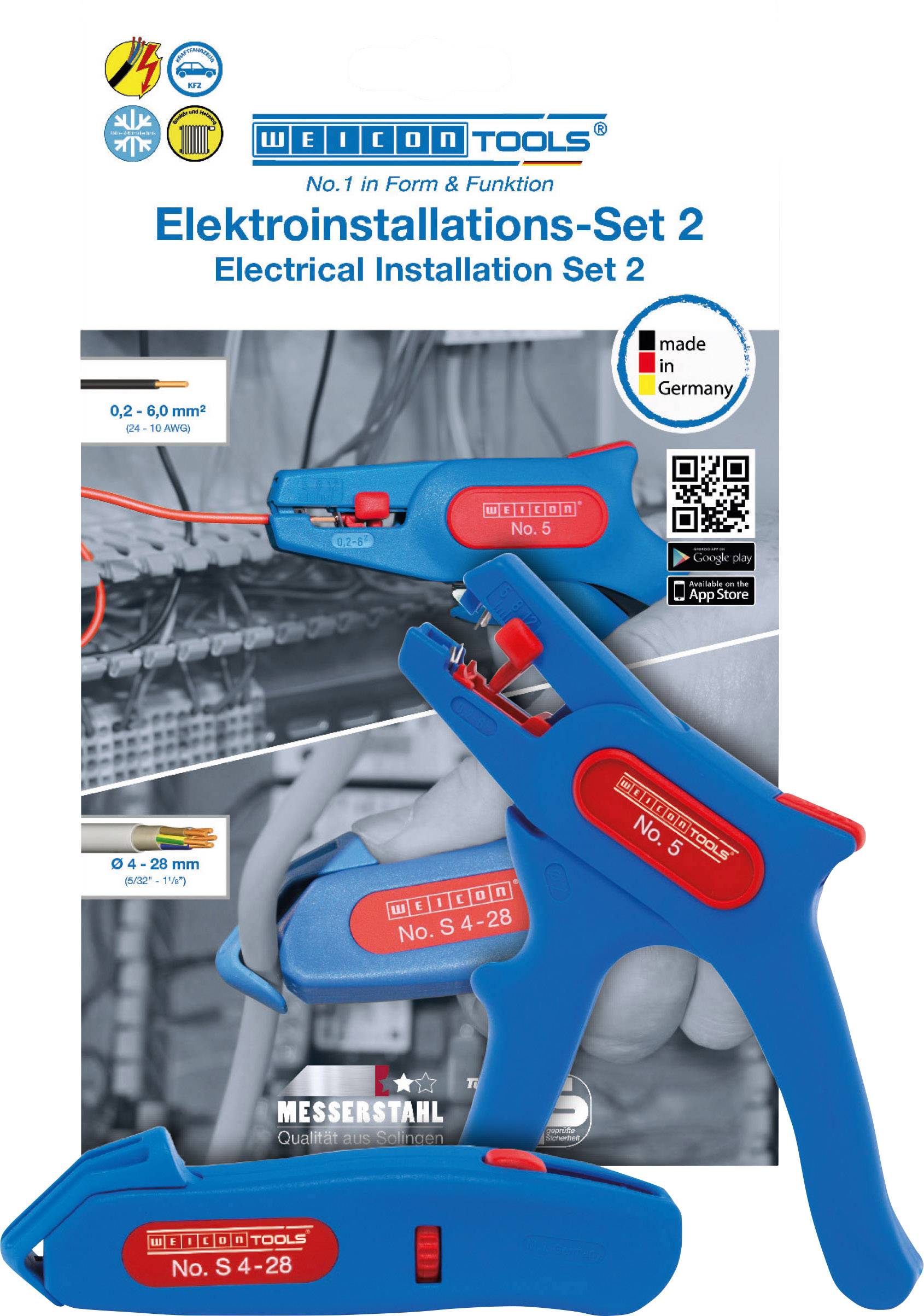 Tools set for electrical installations, comprising cable cutters, wire strippers and universal knife, 'Made in Germany'.