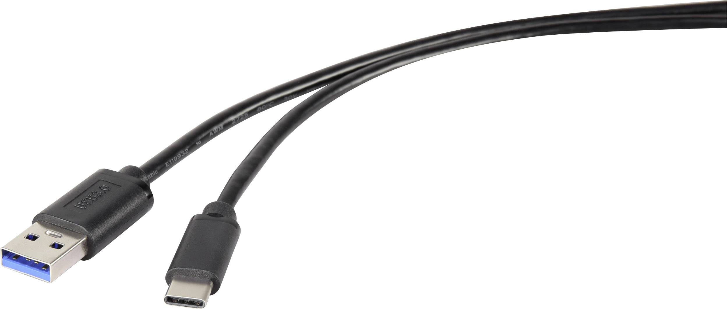 Black cable with two connectors: on the left a USB-A plug, on the right a USB-C plug; both on a single cable strand.