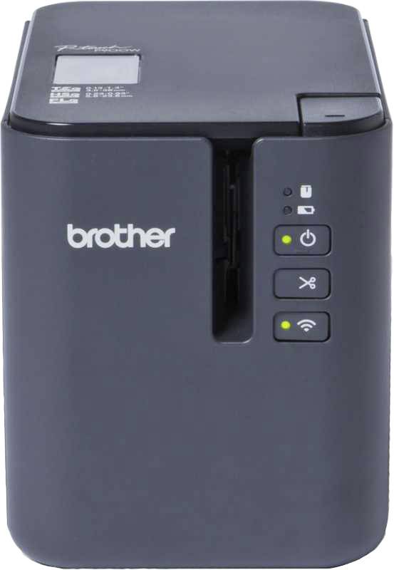A compact, dark grey label printer with brand logo. Three control buttons and a Wi-Fi symbol on the right side.