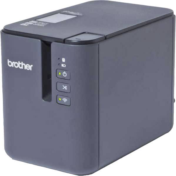 A grey Brother P-touch labelling device with buttons for power, cutting, and Wi-Fi, stands upright on a white background.