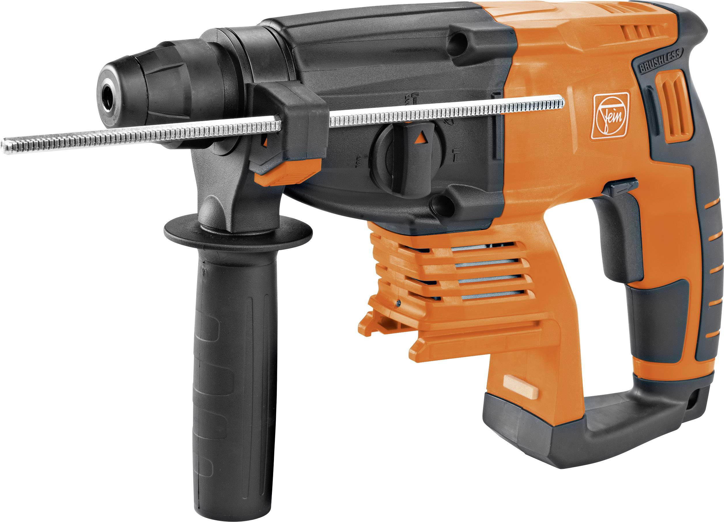An orange and black drill with an ergonomic handle and a secured drill bit, ready for use.