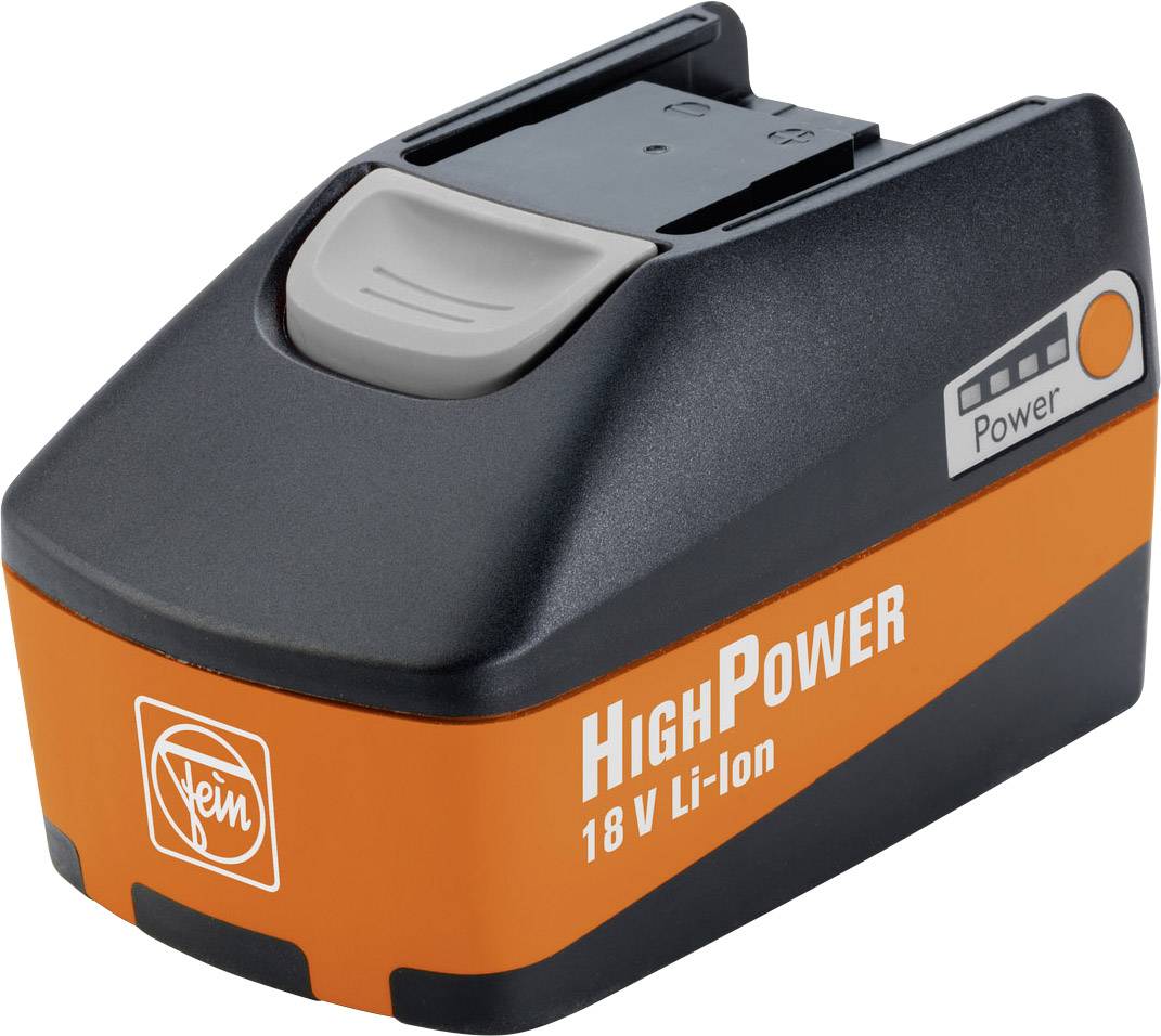 Lithium-ion battery, 18 V, orange-black, with 'HighPower' labelling, side power button, suitable for power tools.