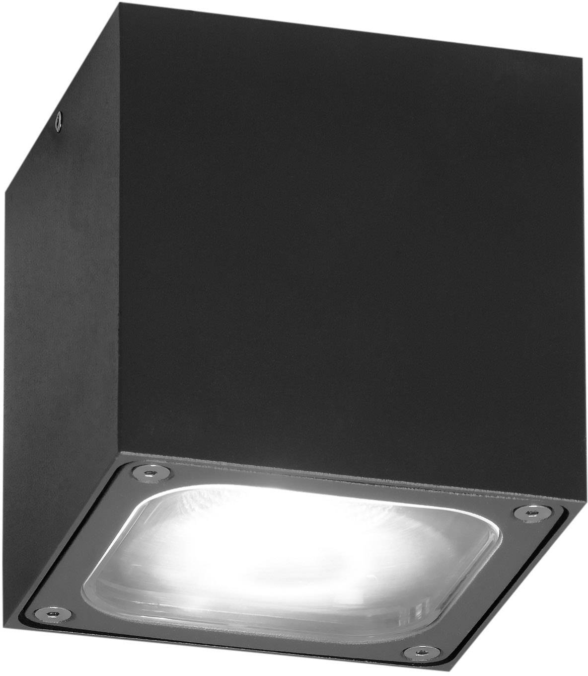 Black, cube-shaped outdoor wall light with downward-facing illumination. Suitable for wall mounting in exterior areas.