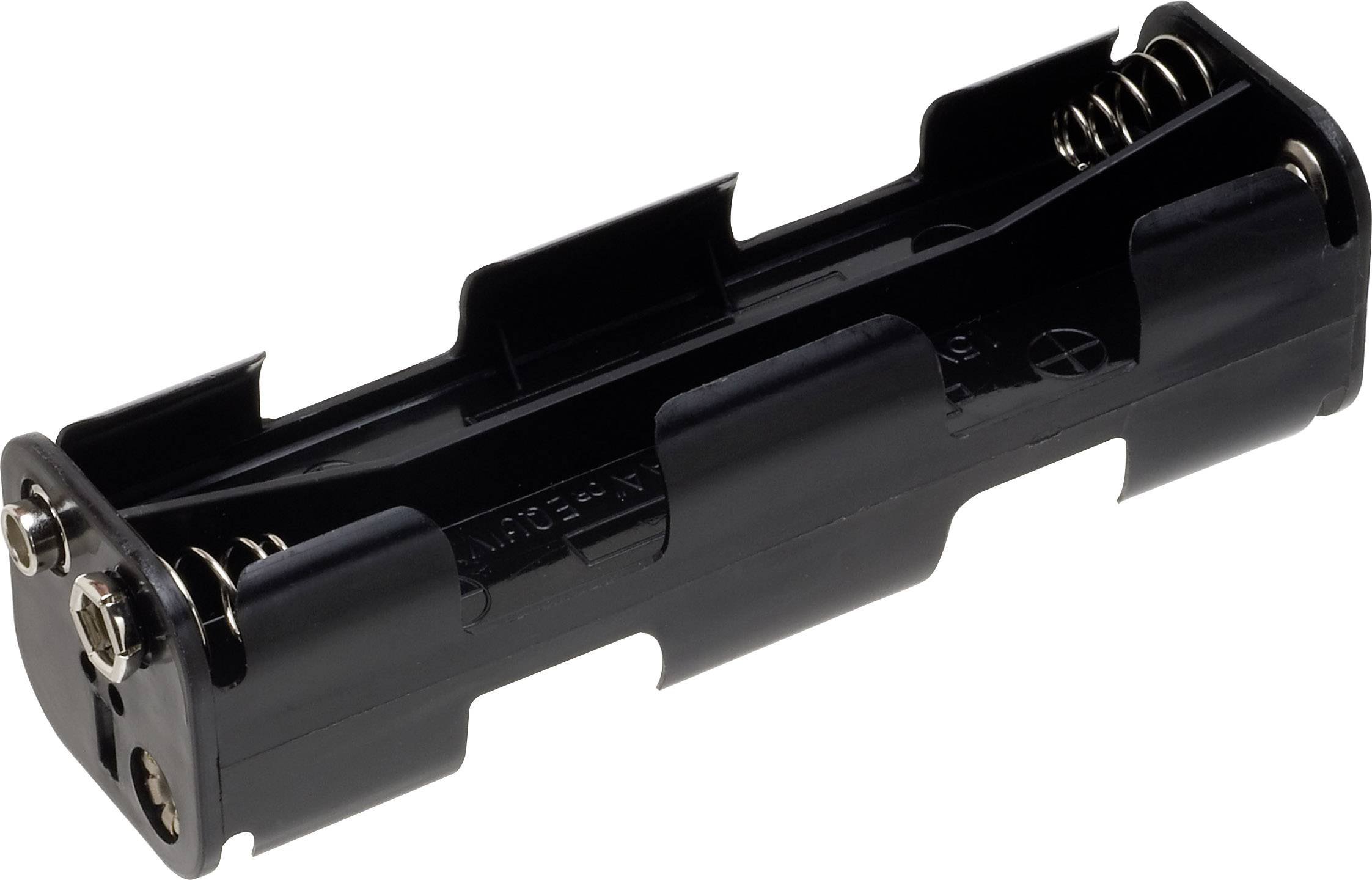 A black plastic battery holder for four AA batteries, with springs and contact points at the ends.