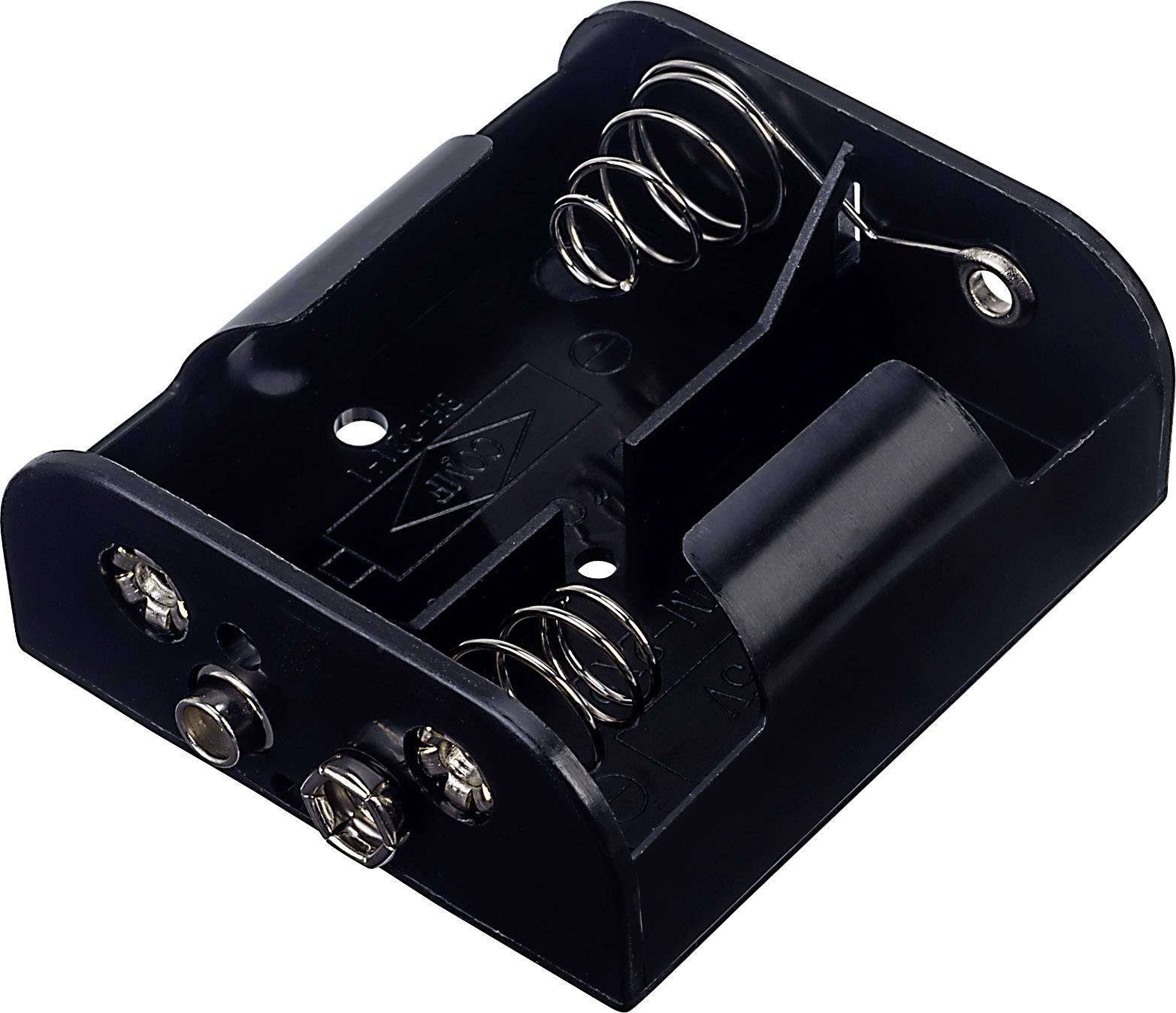 Black battery housing case with two terminals and metal springs to secure the batteries.