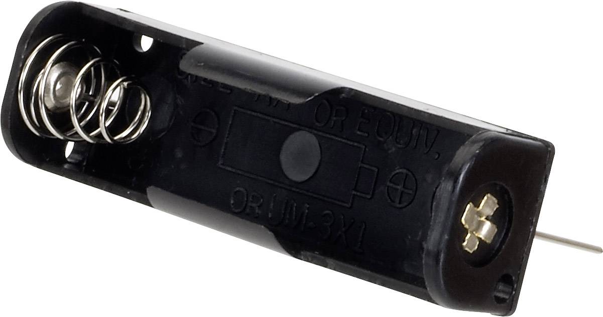 A black plastic battery compartment for two AA batteries with spring and contact poles on each side.