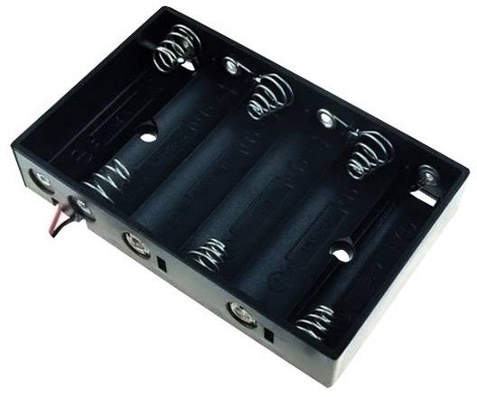 Black battery holder for four AA batteries with metal contacts and connecting wires on the side.