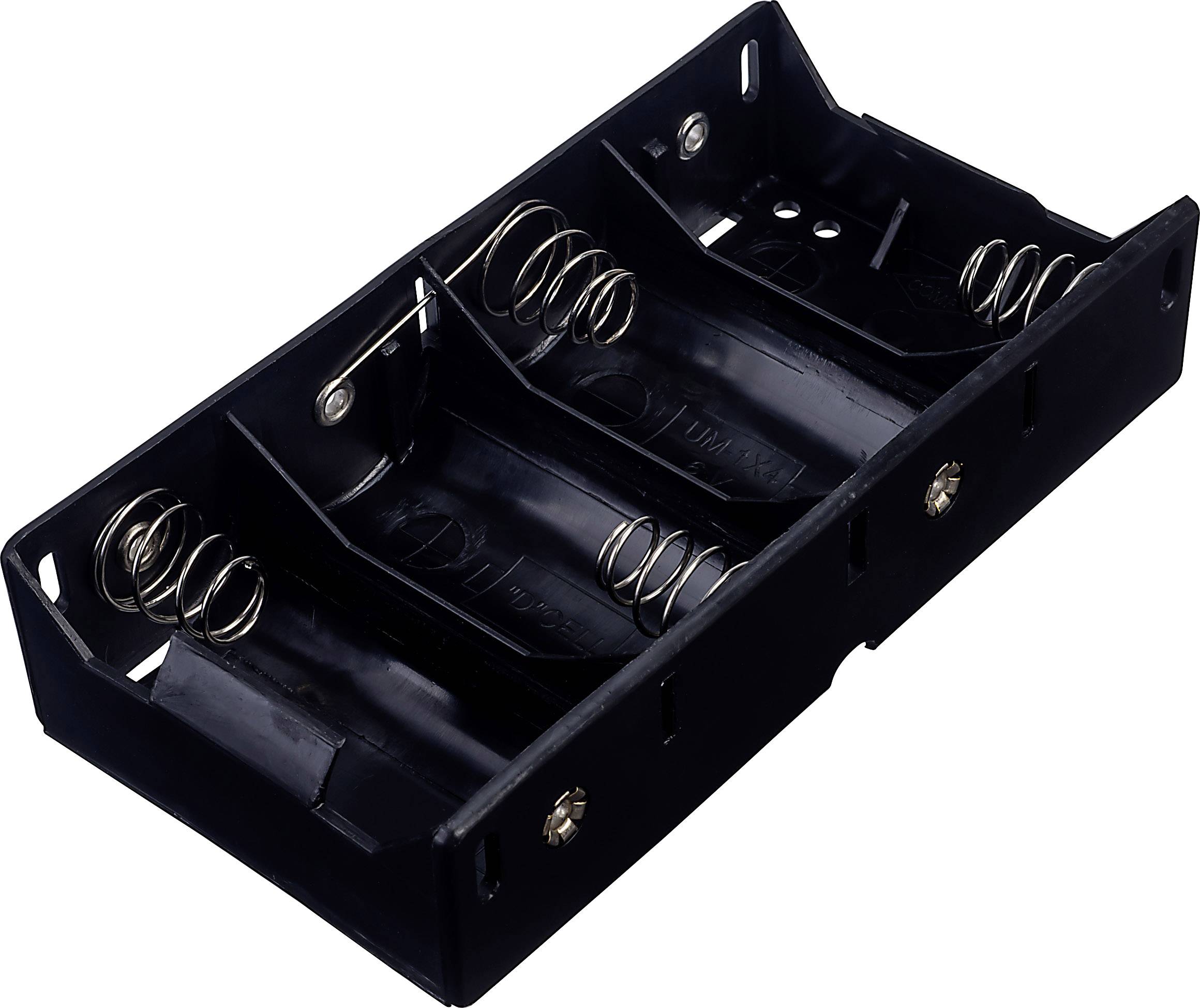 Black plastic battery holder for four AA batteries with metal springs and contacts.
