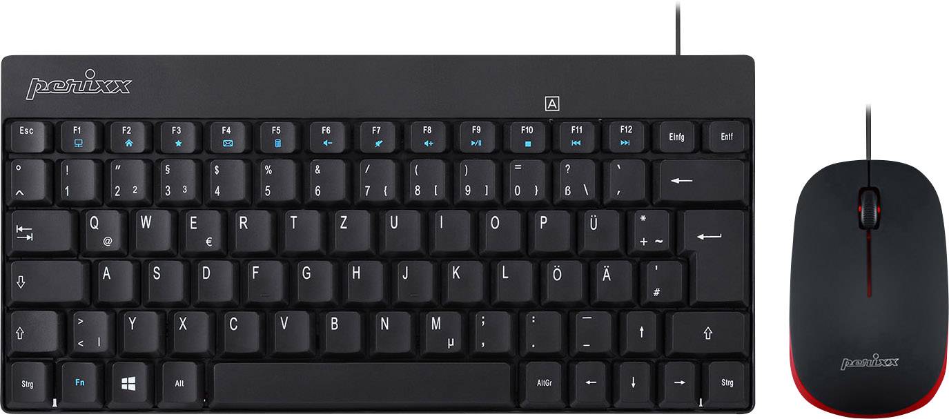 Black wired keyboard with German QWERTZ layout and a matching black mouse beside it.