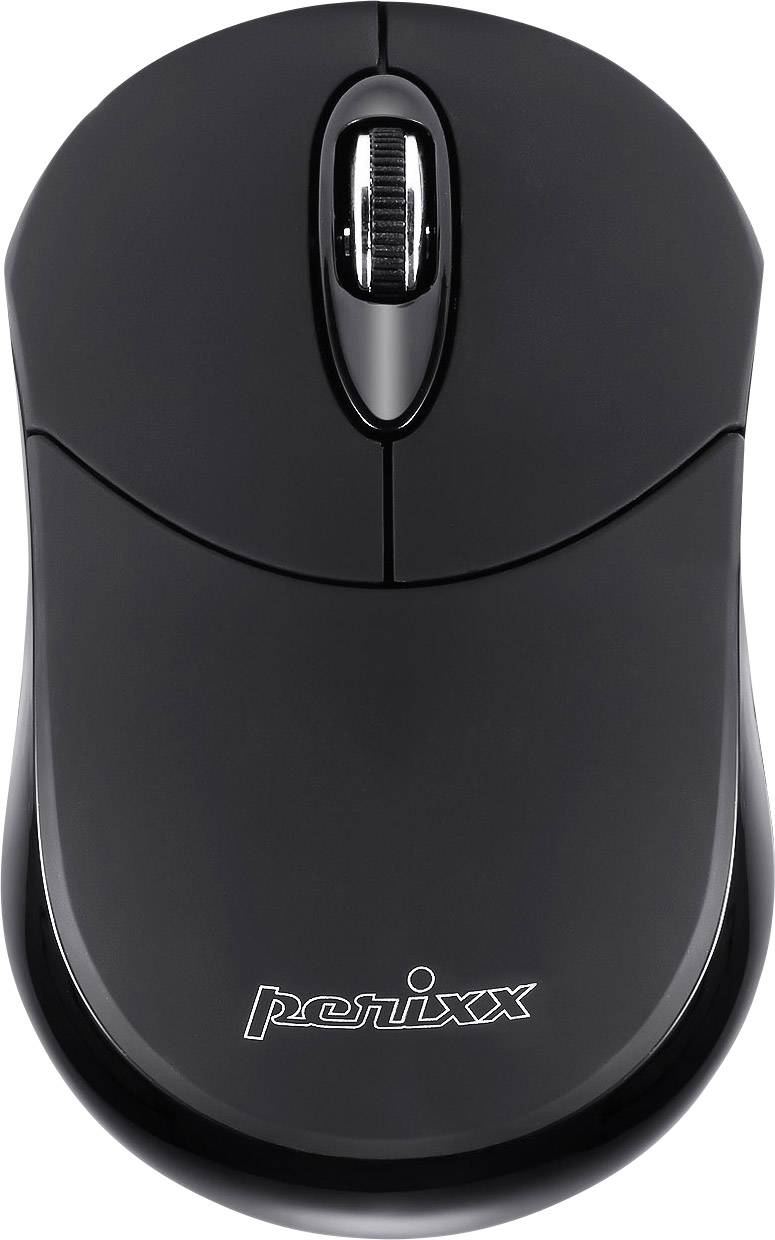 A black wireless computer mouse with a scroll wheel.
