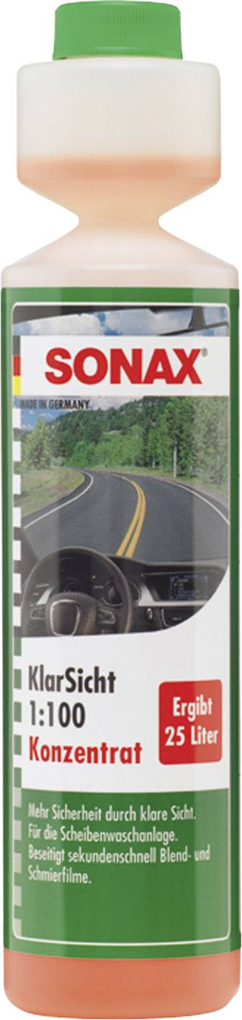 Bottle of Sonax ClearView 1:100 Concentrate. Image of a road on the label. Text emphasises clear visibility and safety while driving.