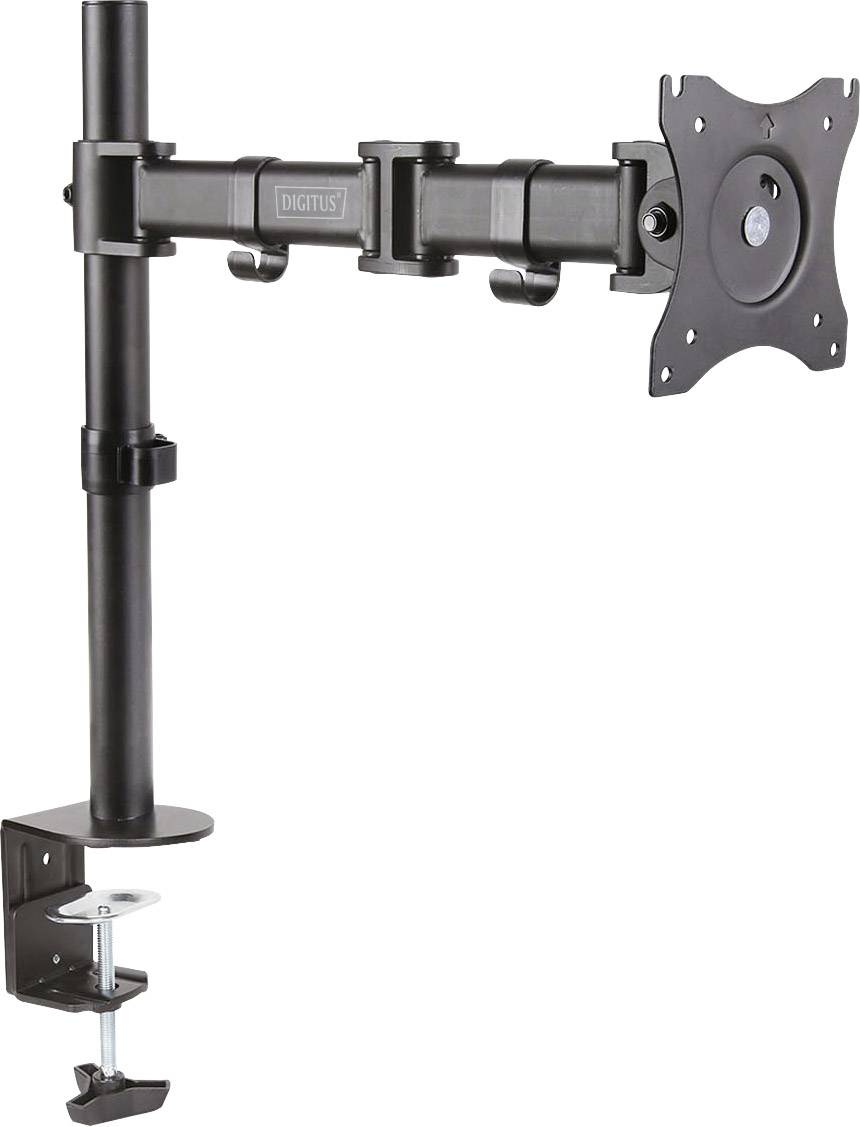 Metal monitor mount with swivel function for desk edge attachment, suitable for screen sizes up to 27 inches.