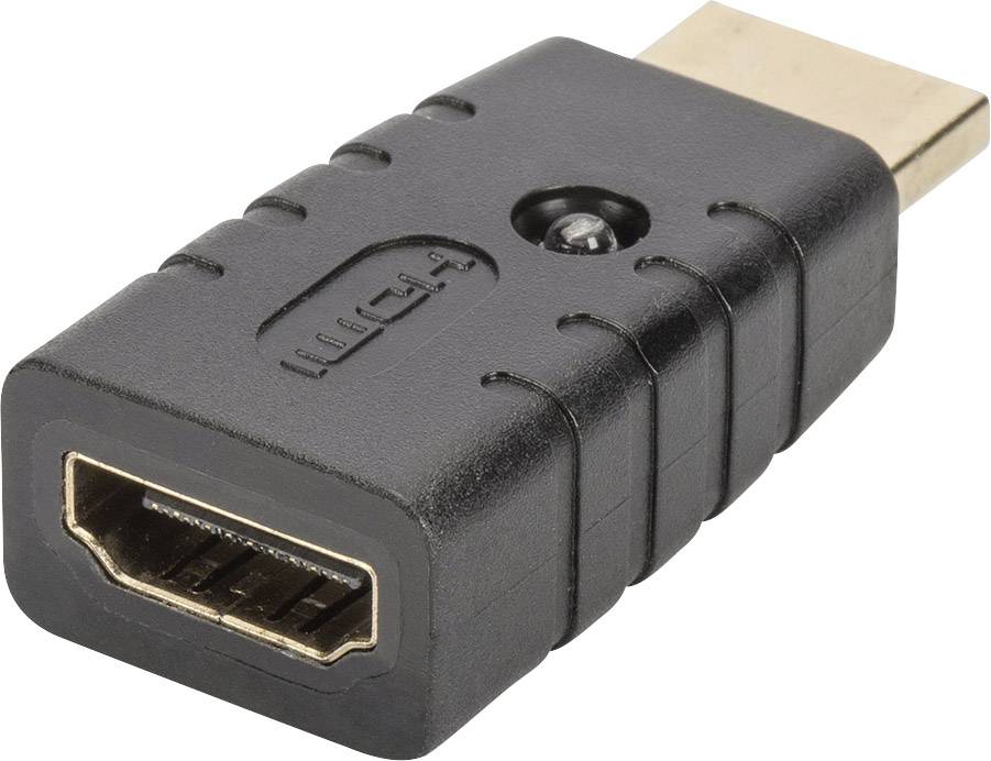 A black HDMI adapter with a female HDMI port on the front and a male HDMI plug on the back.